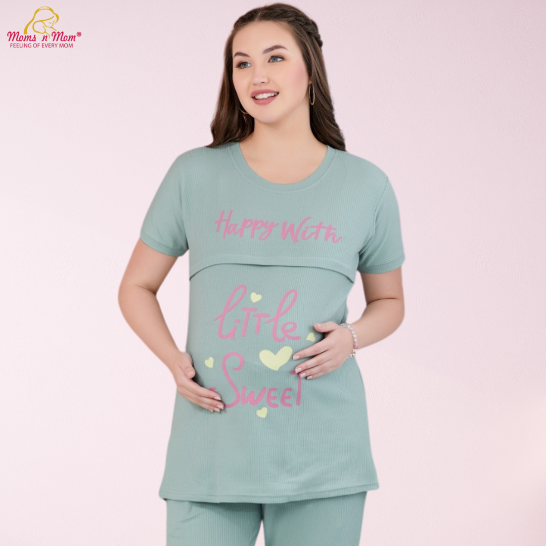 Moms N Mom Hosiery Maternity Night Suit | Horizontal Opening Hidden Zipper | Fashionable Maternity & Feeding Dress (Green)