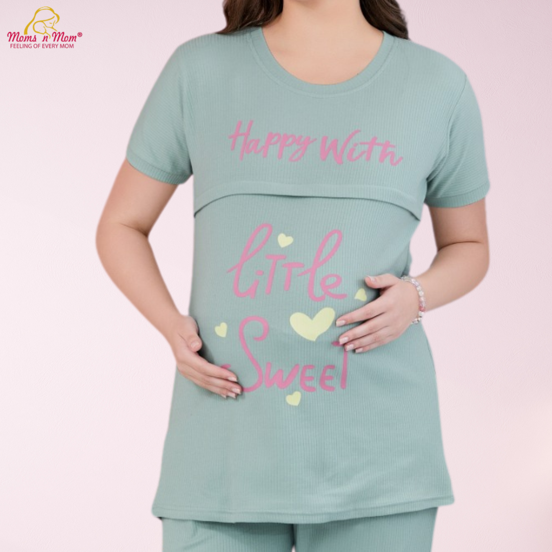 Moms N Mom Hosiery Maternity Night Suit | Horizontal Opening Hidden Zipper | Fashionable Maternity & Feeding Dress (Green)