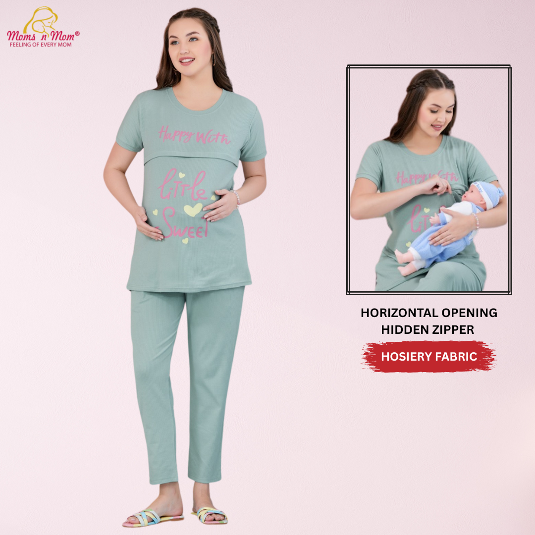 Moms N Mom Hosiery Maternity Night Suit | Horizontal Opening Hidden Zipper | Fashionable Maternity & Feeding Dress (Green)