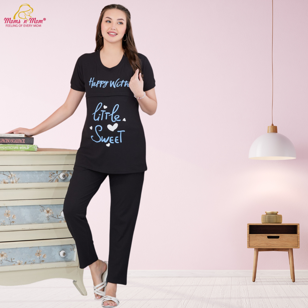 Moms N Mom Hosiery Maternity Night Suit | Horizontal Opening Hidden Zipper | Fashionable Maternity & Feeding Dress (Black)