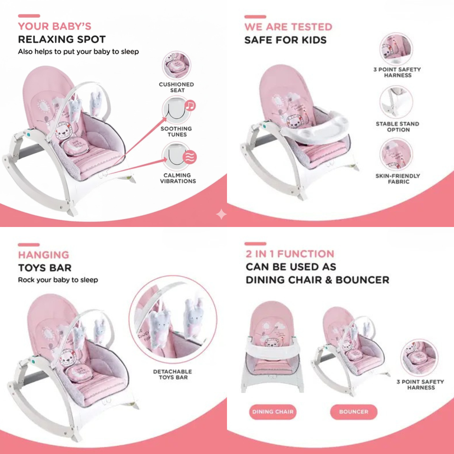 Smile Baby 2-in-1 Multipurpose Baby Rocker & Bouncer | Cushioned Seat, Calming Vibrations, Soothing Music, Detachable Toy Bar | Feeding & Relaxing Chair for Newborns & Infants (Pink)