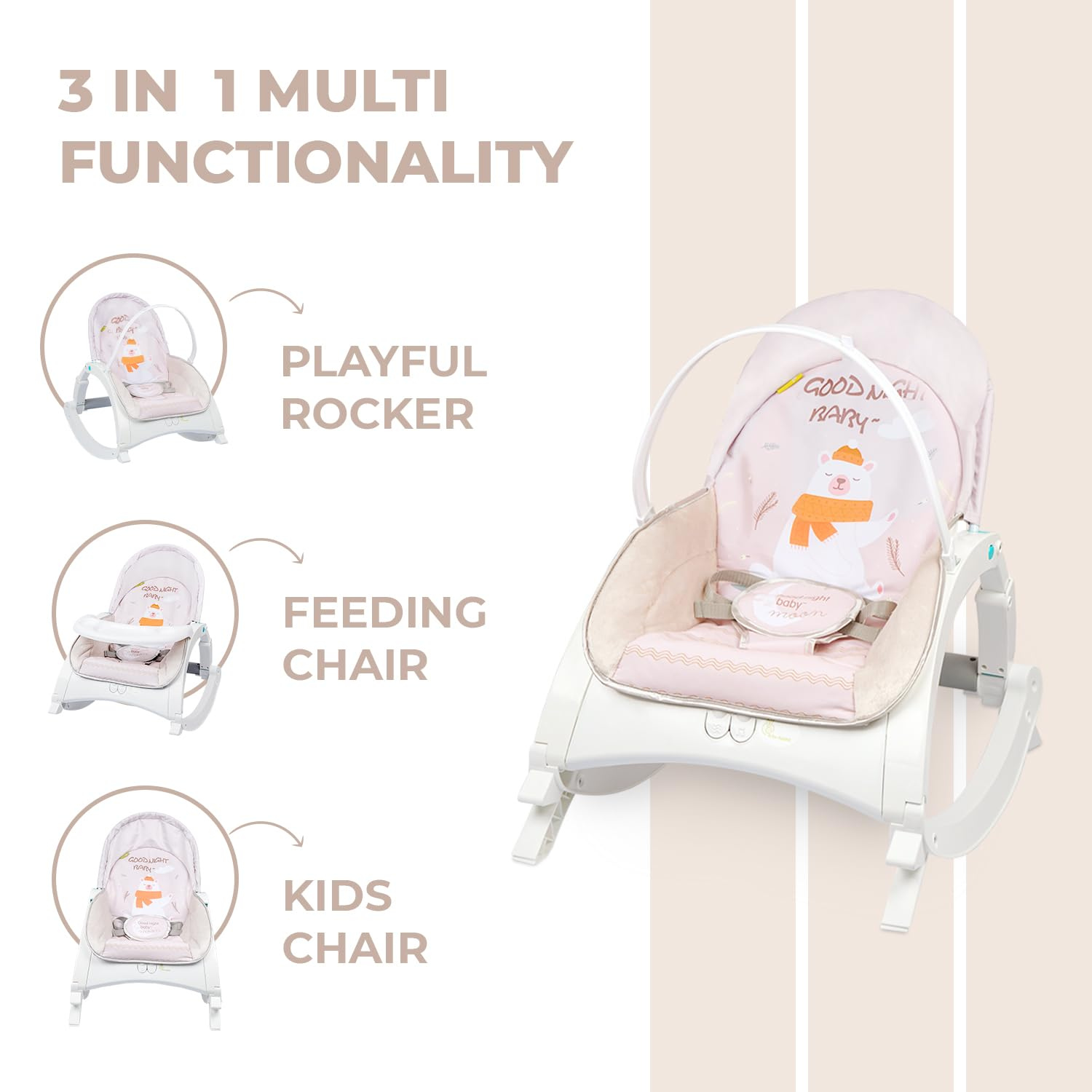 Smile Baby 3-in-1 Multipurpose Rocker, Bouncer & Feeding Chair | Calming Vibrations, Soft Cushioned Seat, Detachable Toy Bar & Safety Harness | Newborn to Toddler (Cream)