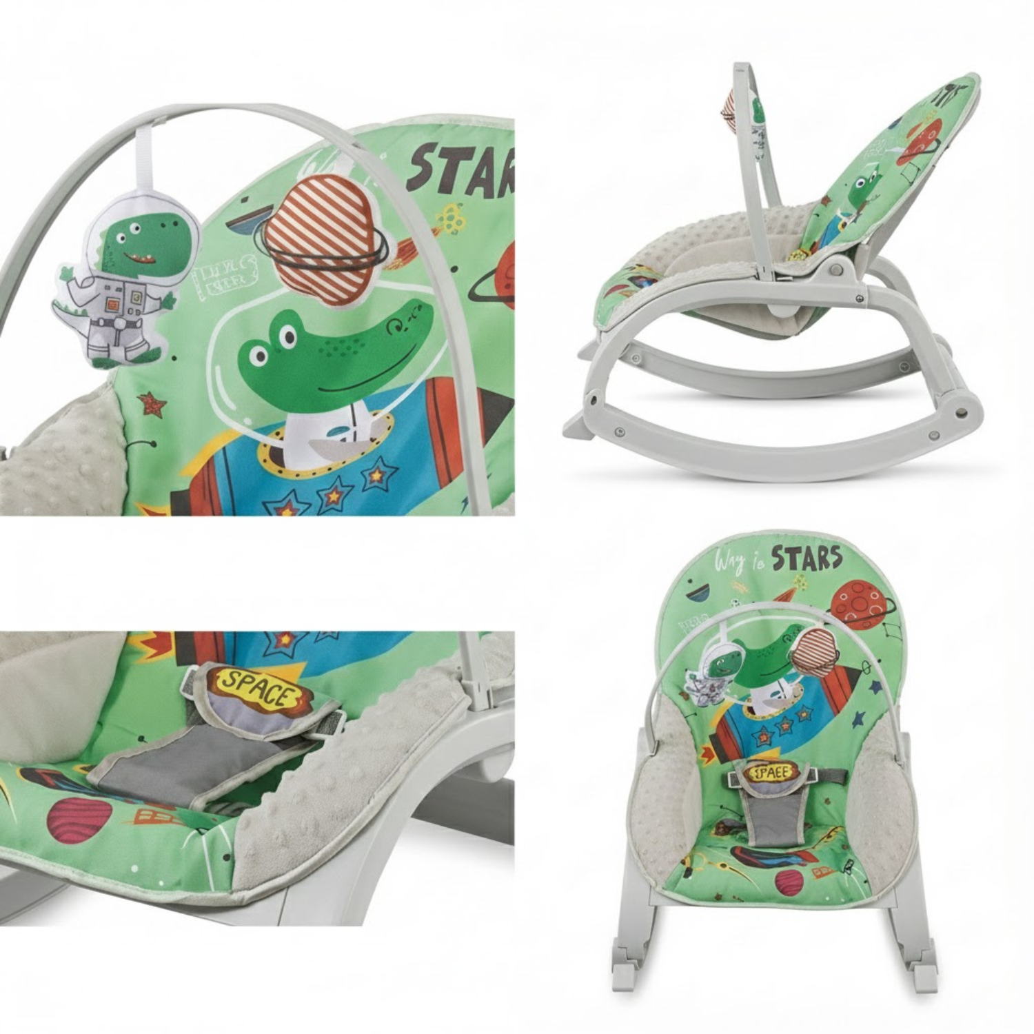 Smile Baby 3-in-1 Space-Themed Infant-to-Toddler Rocker with Soft Cushion, Calming Vibrations & Detachable Toy Bar – Model 27249 (Green)