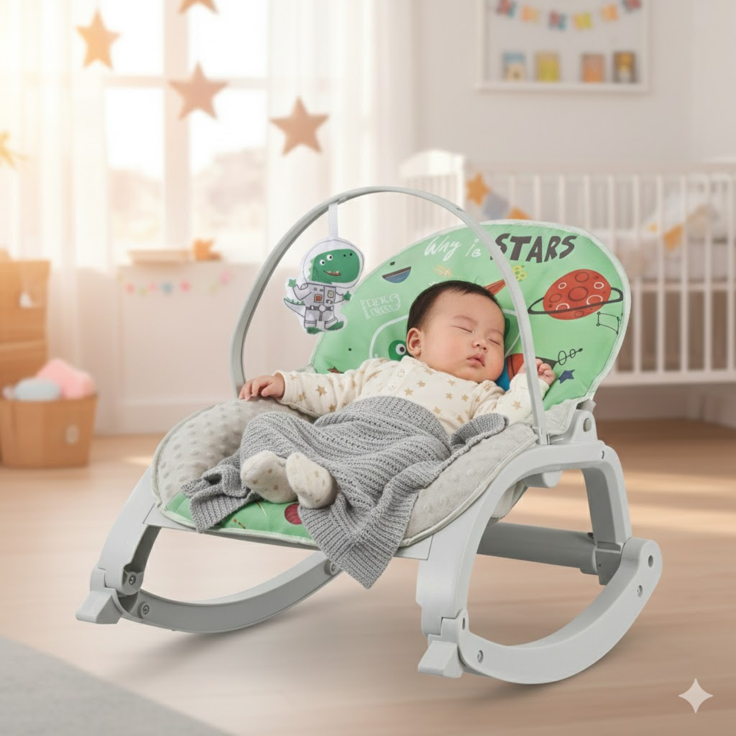 Smile Baby 3-in-1 Space-Themed Infant-to-Toddler Rocker with Soft Cushion, Calming Vibrations & Detachable Toy Bar – Model 27249 (Green)