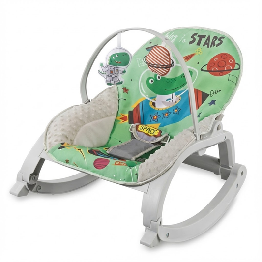 Smile Baby 3-in-1 Space-Themed Infant-to-Toddler Rocker with Soft Cushion, Calming Vibrations & Detachable Toy Bar – Model 27249 (Green)
