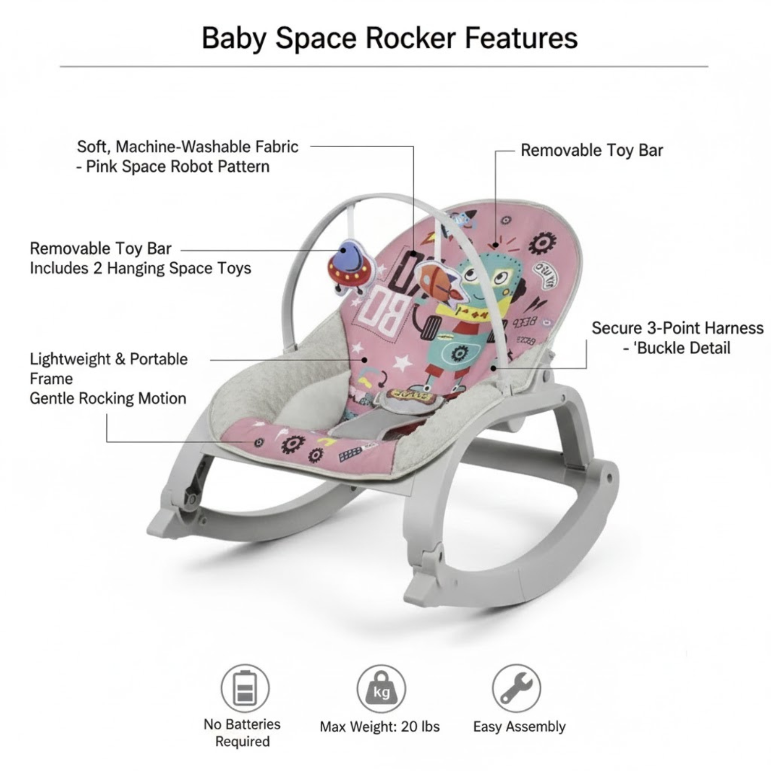Smile Baby 27251 Pink Space Design Baby Rocker | Soft Cushion, Gentle Rocking & Removable Toy Bar