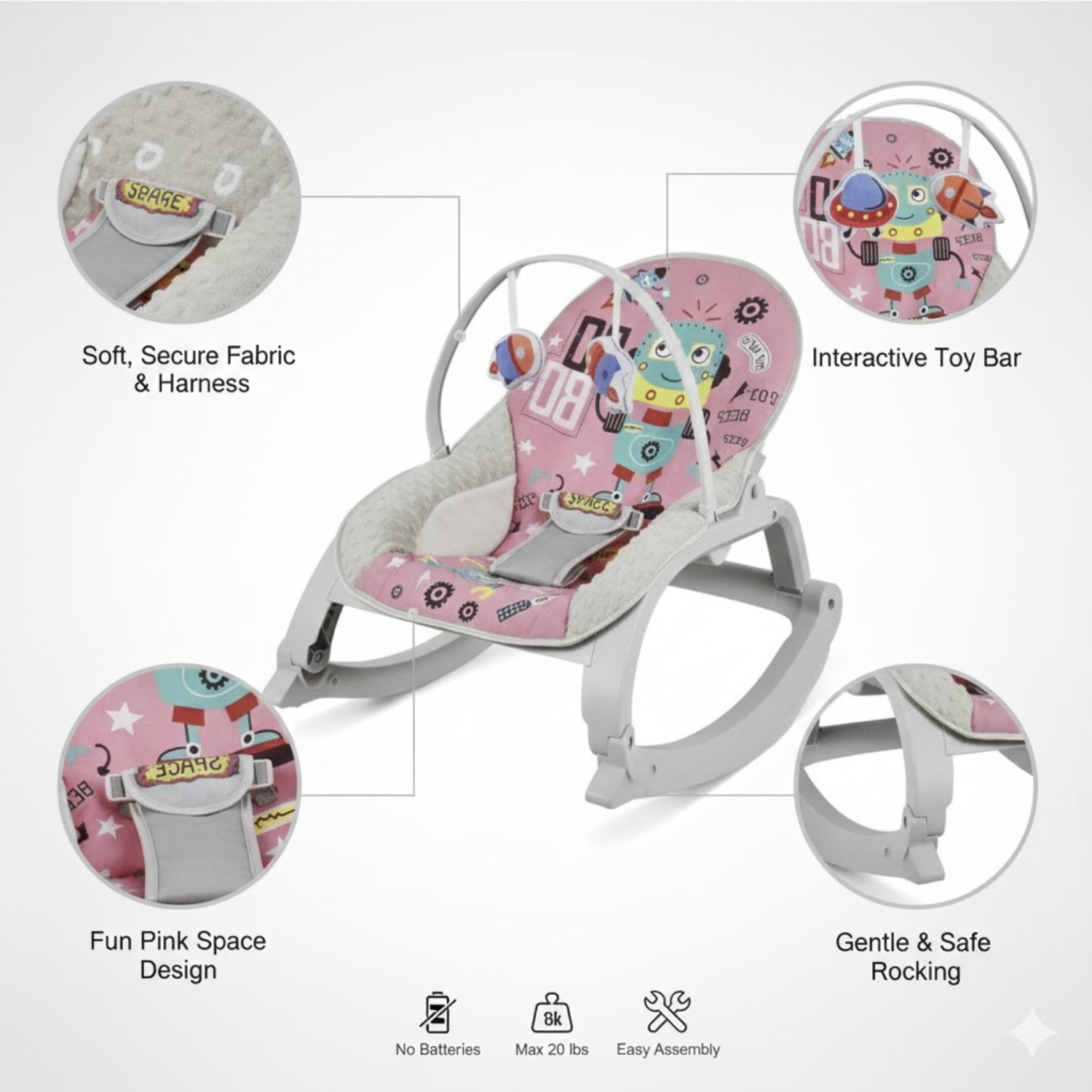 Smile Baby 27251 Pink Space Design Baby Rocker | Soft Cushion, Gentle Rocking & Removable Toy Bar
