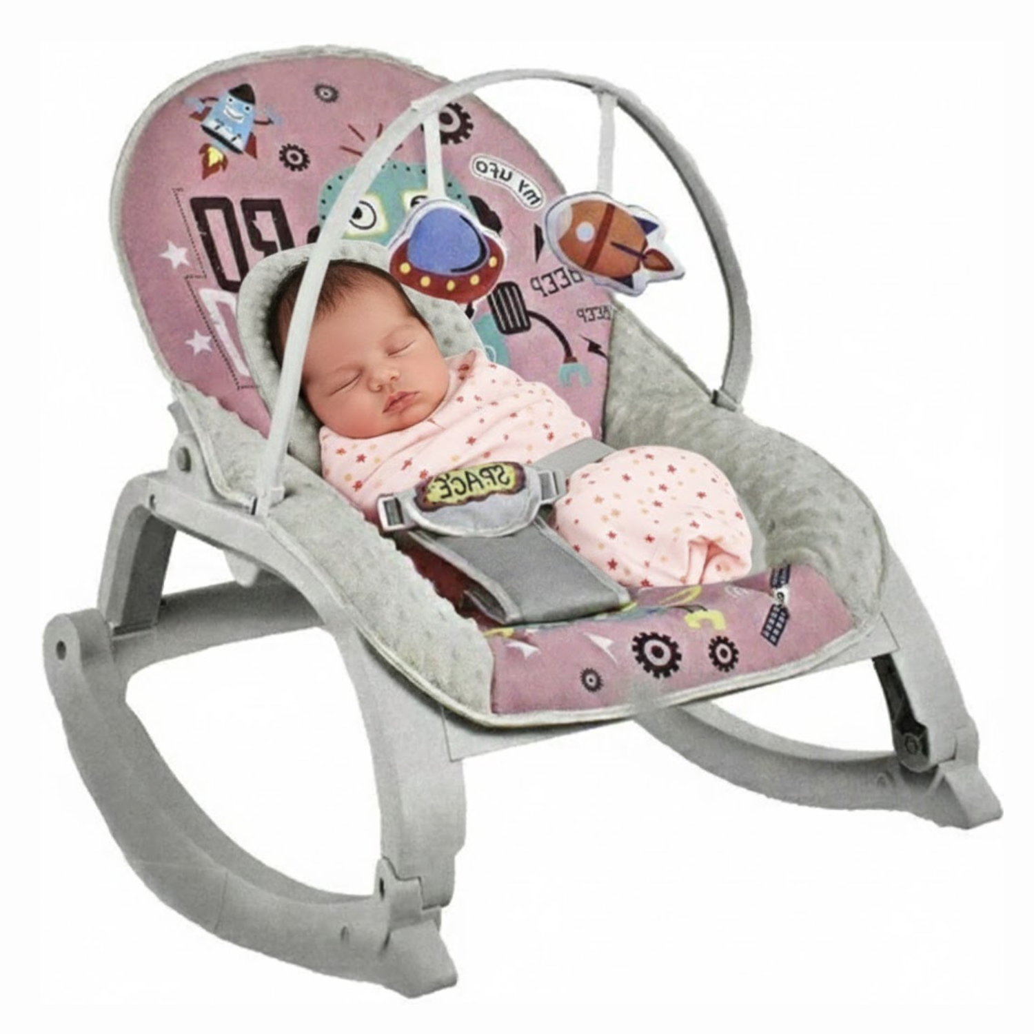 Smile Baby 27251 Pink Space Design Baby Rocker | Soft Cushion, Gentle Rocking & Removable Toy Bar