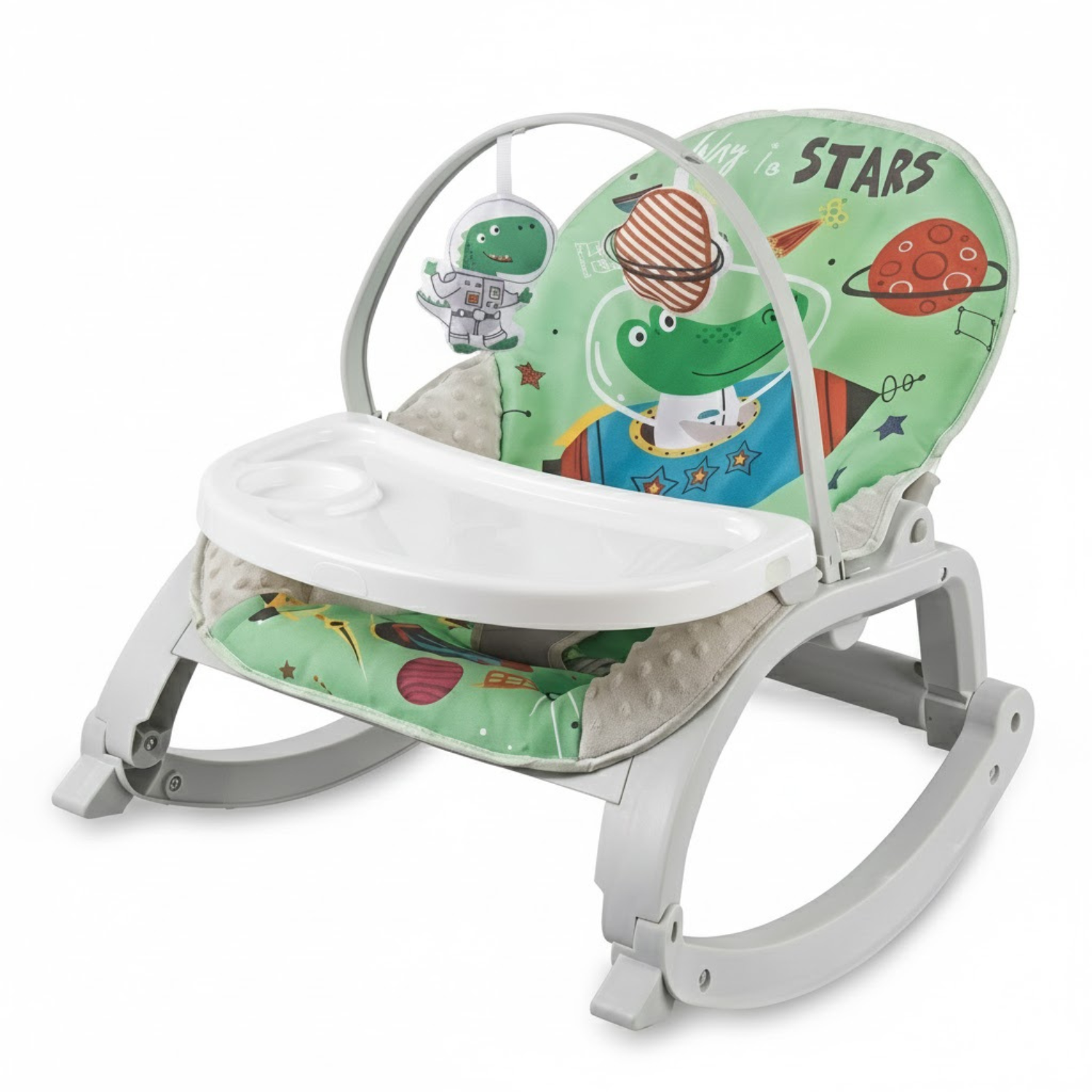 Smile Baby 3-in-1 Space-Themed Infant-to-Toddler Rocker with Soft Cushion, Calming Vibrations & Detachable Toy Bar – Model 27249 (Green)