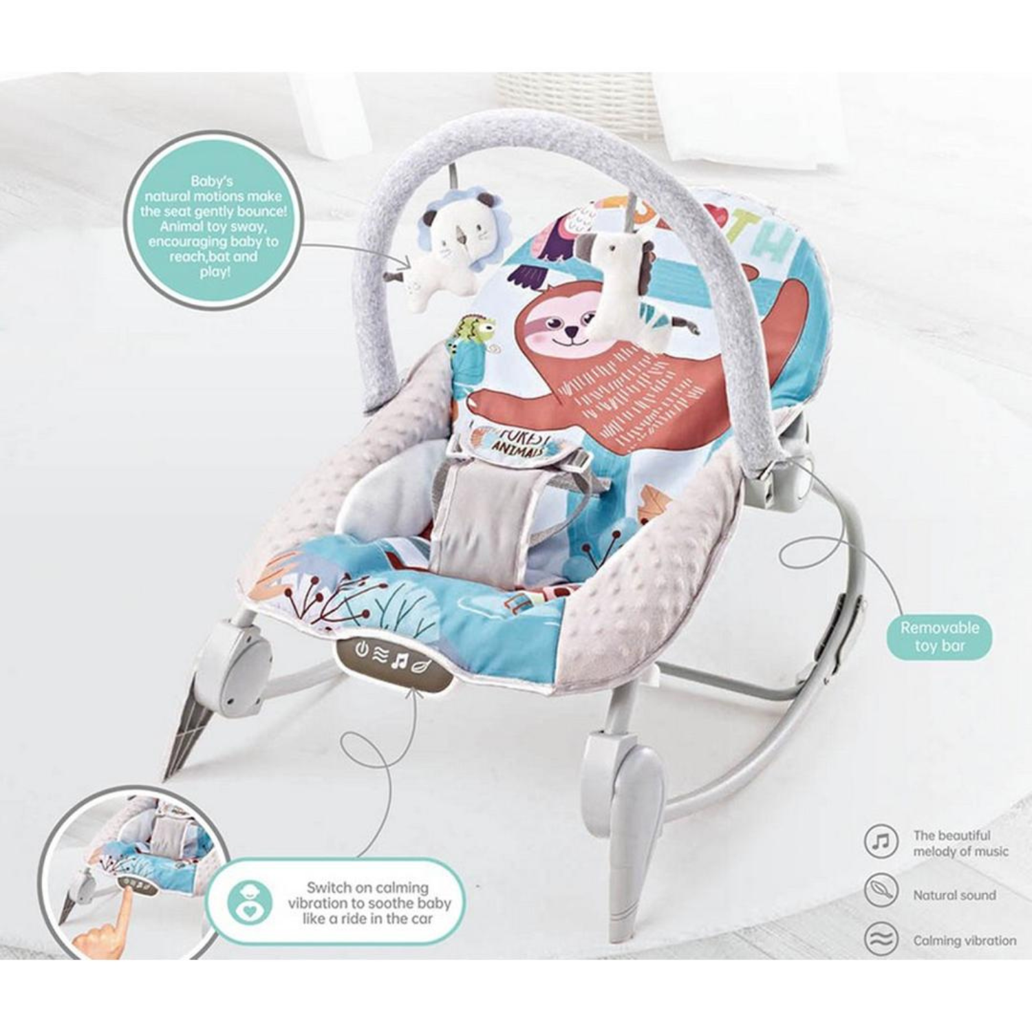 Smile Baby Sloth Adventure 2-in-1 Baby Rocker & Bouncer | Smart Calming Vibrations, Gentle Music, Cushioned Seat, Removable Toy Bar & Safety Harness | Newborn to Infant Comfort Chair