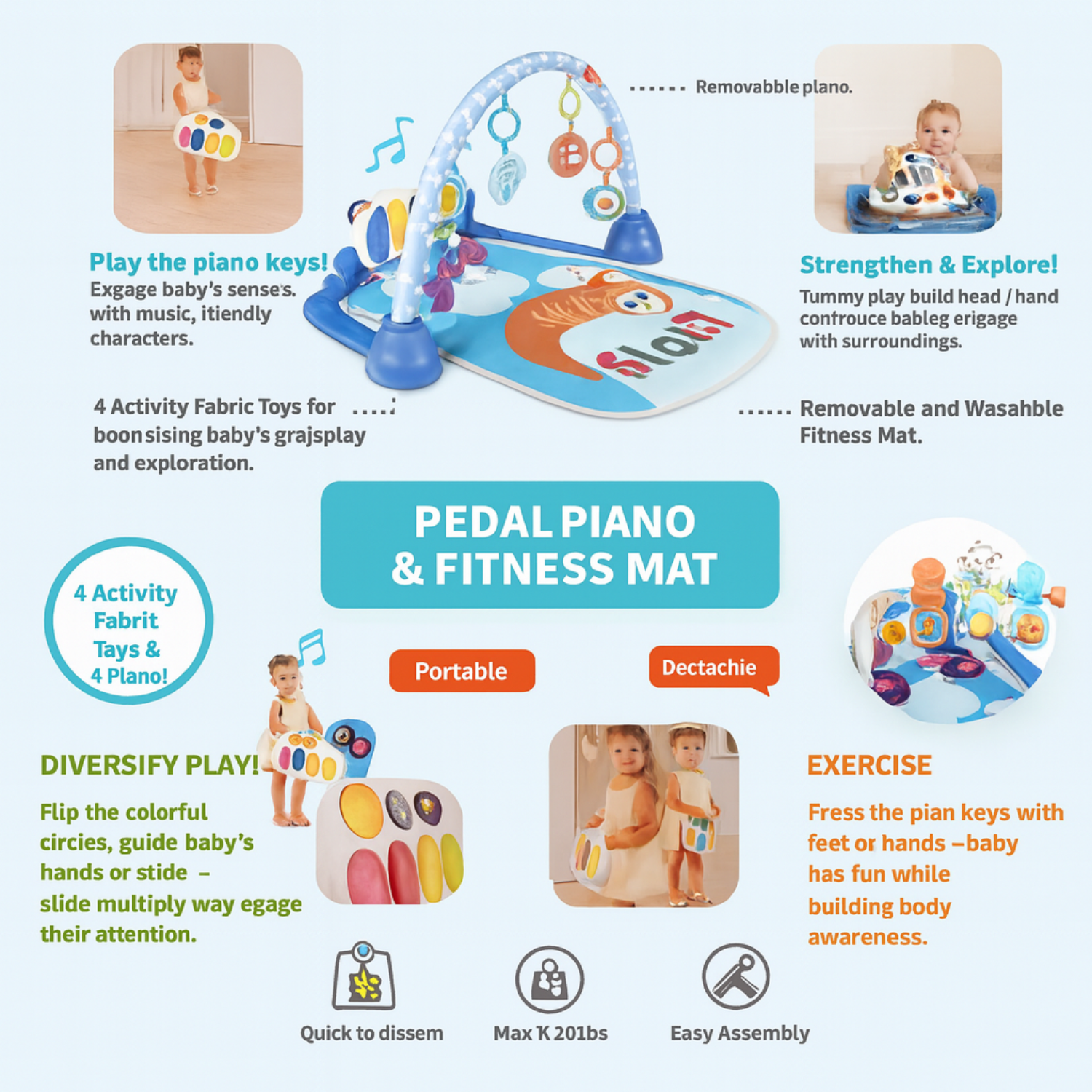 Smile Baby 4-in-1 Pedal Piano & Fitness Activity Mat | Musical Play Gym with Hanging Toys