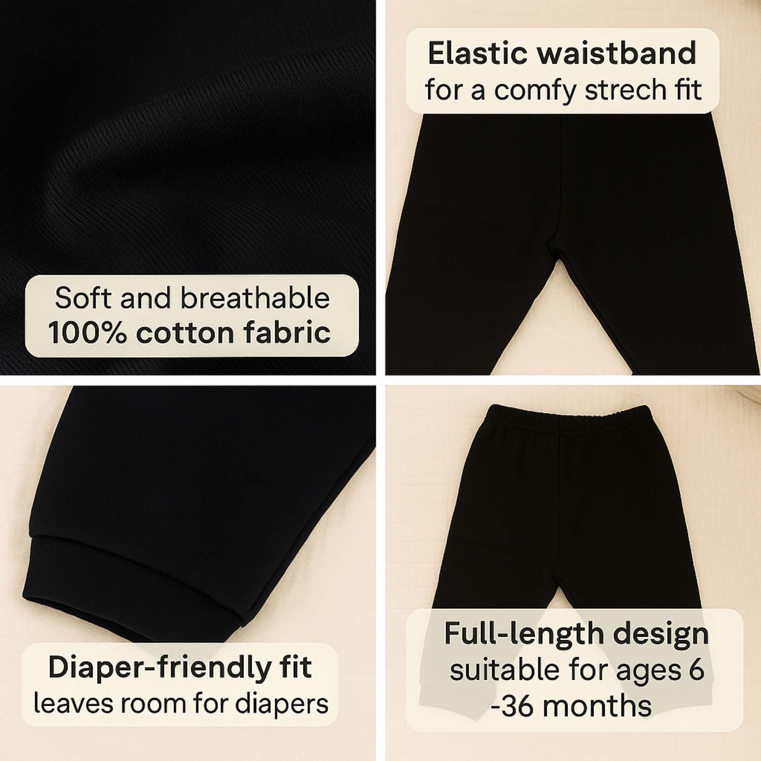 Smile Baby® Soft Cotton Baby Leggings – Black | 6–36 Months | Stretchy, Diaper-Friendly Fit (PACK OF 3)