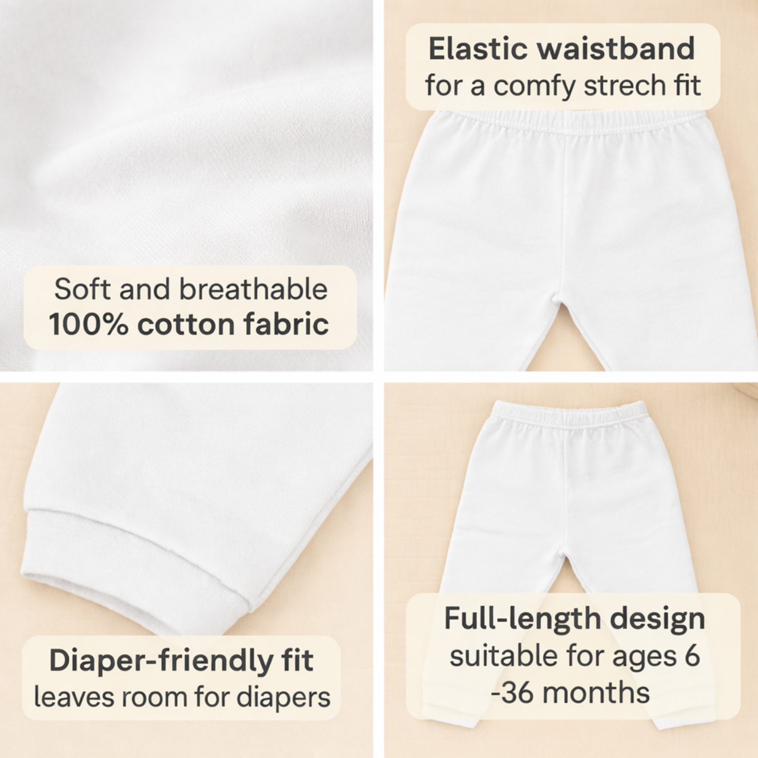 Baby Leggings Pack of 3 (6–36 Months) – Soft Stretchy Cotton, Diaper-Friendly Fit | Smile Baby