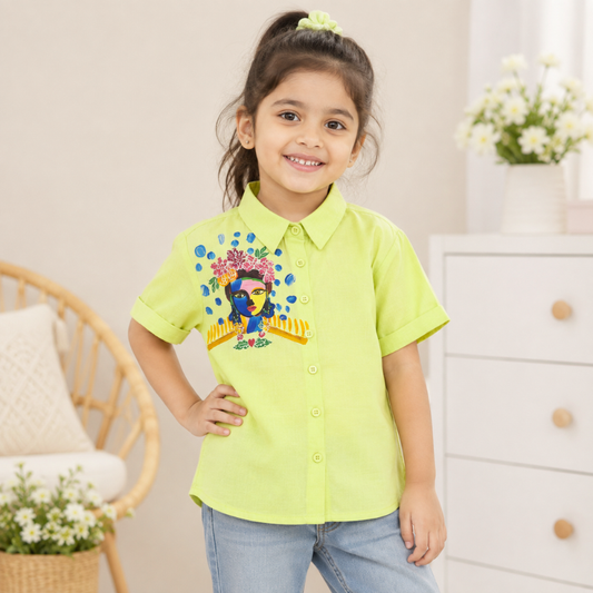 Girls' Printed T-Shirt Cotton | Lime Green Short Sleeve Shirt
