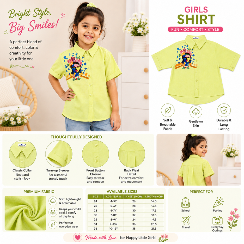 Girls' Printed T-Shirt Cotton | Lime Green Short Sleeve Shirt