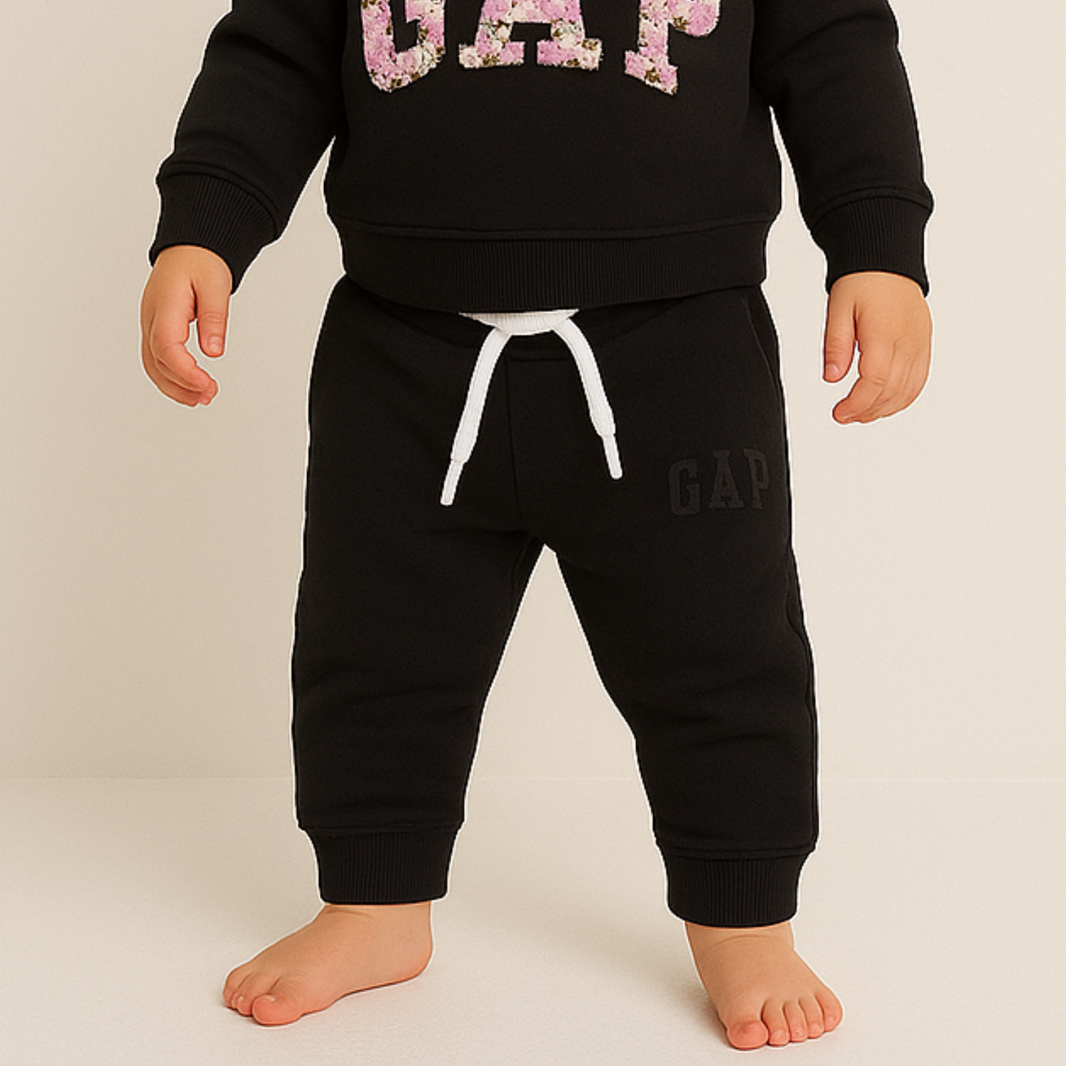 SMILE BABY Girls GAP-Inspired Floral Sweatshirt & Jogger Set (0–3 Years) Black