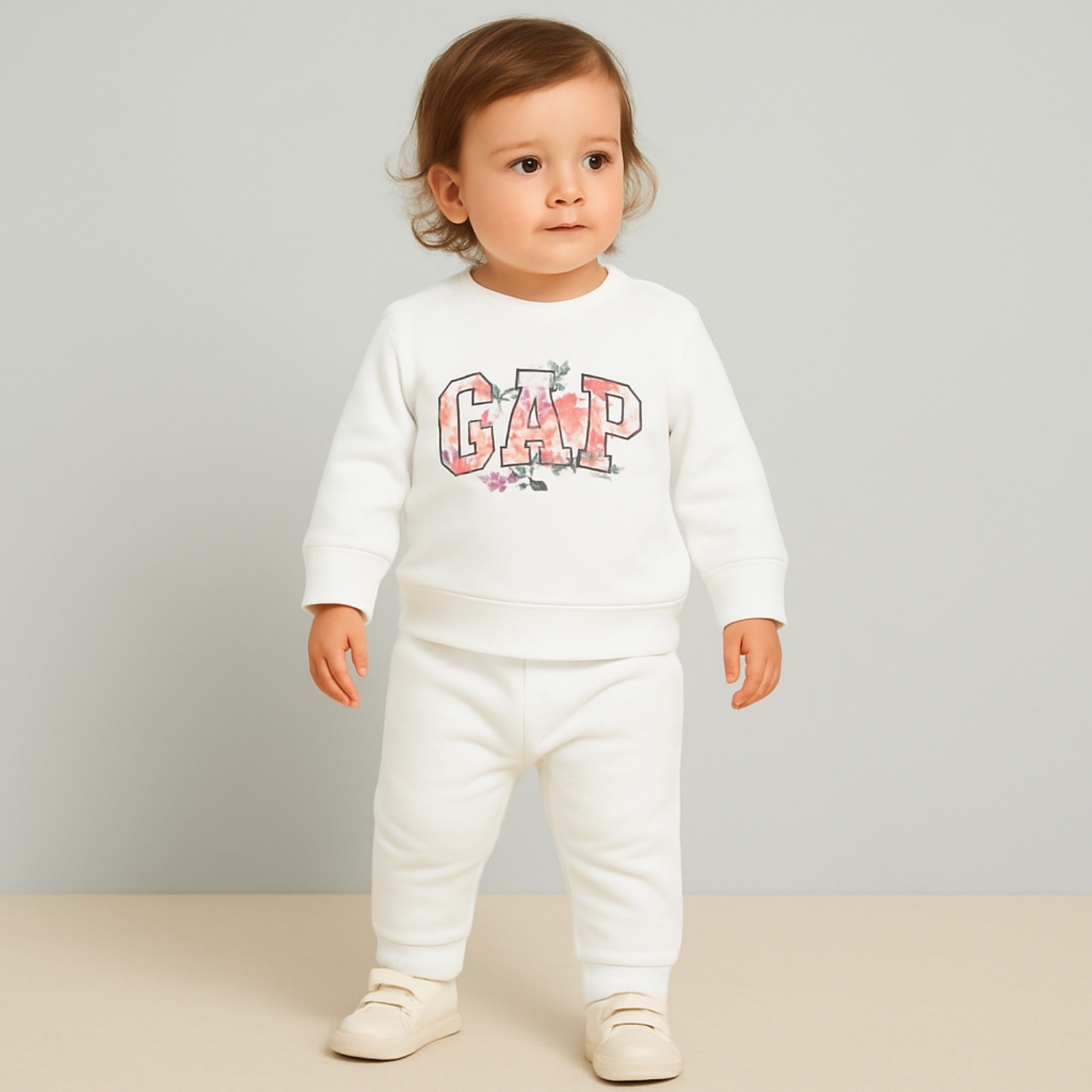 SMILE BABY Girls GAP-Inspired Floral Sweatshirt & Jogger Set – White (0–3 Years)