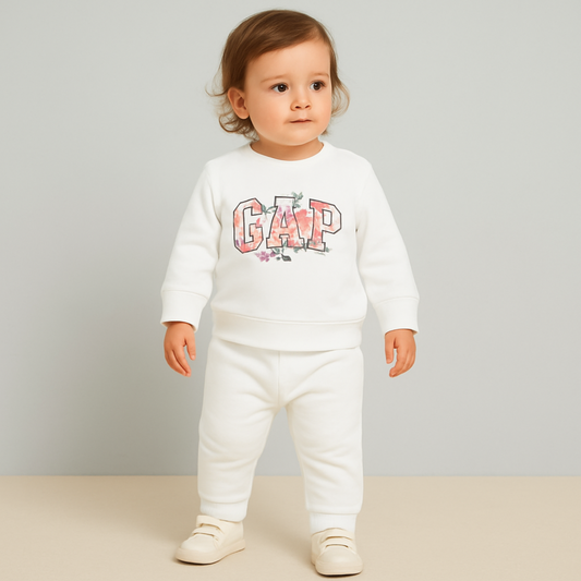SMILE BABY Girls GAP-Inspired Floral Sweatshirt & Jogger Set – White (0–3 Years)