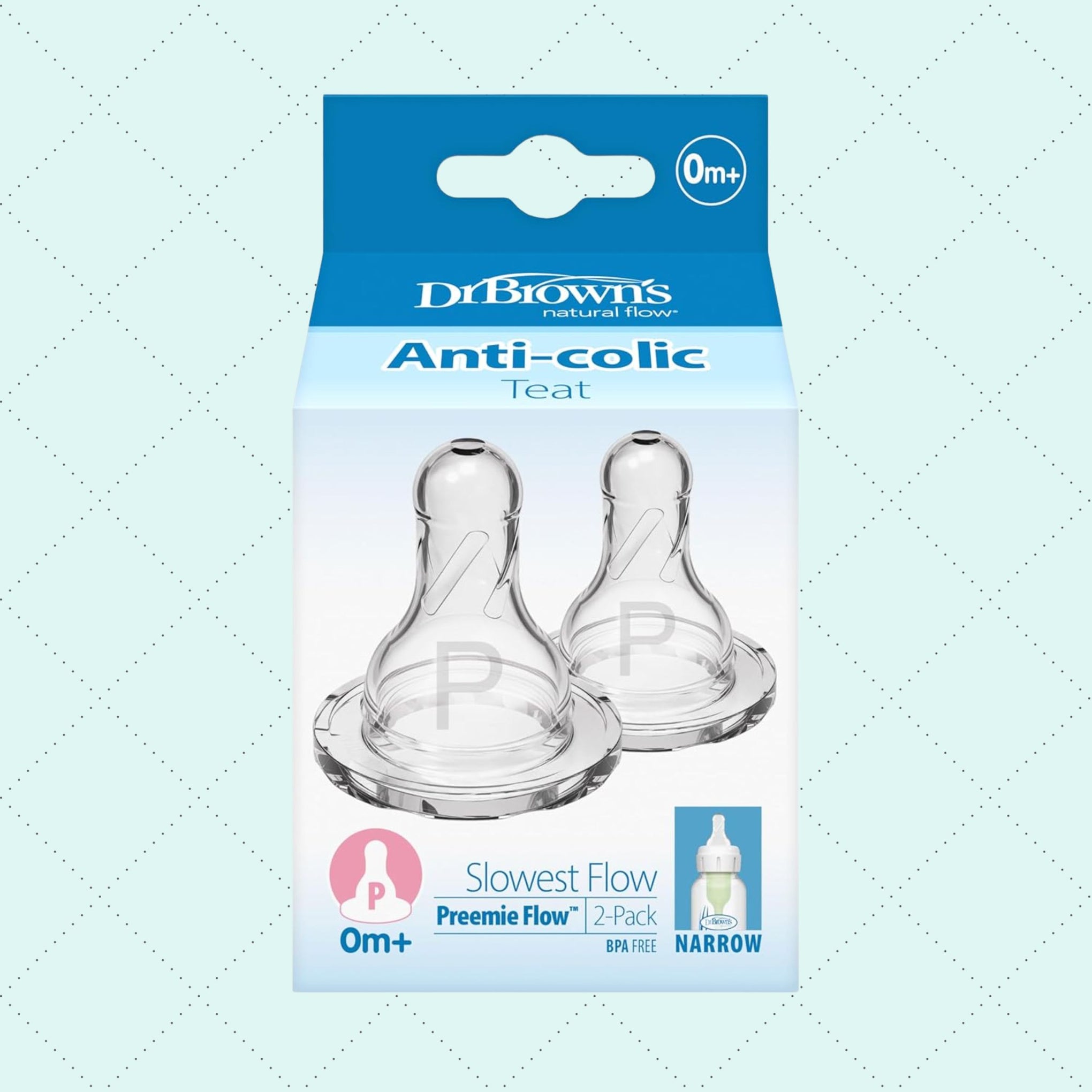 DrBrown's natural flow Anti-colic Teat Slowest Flow | Preemie Flow | 2-Pack BPA FREE NARROW