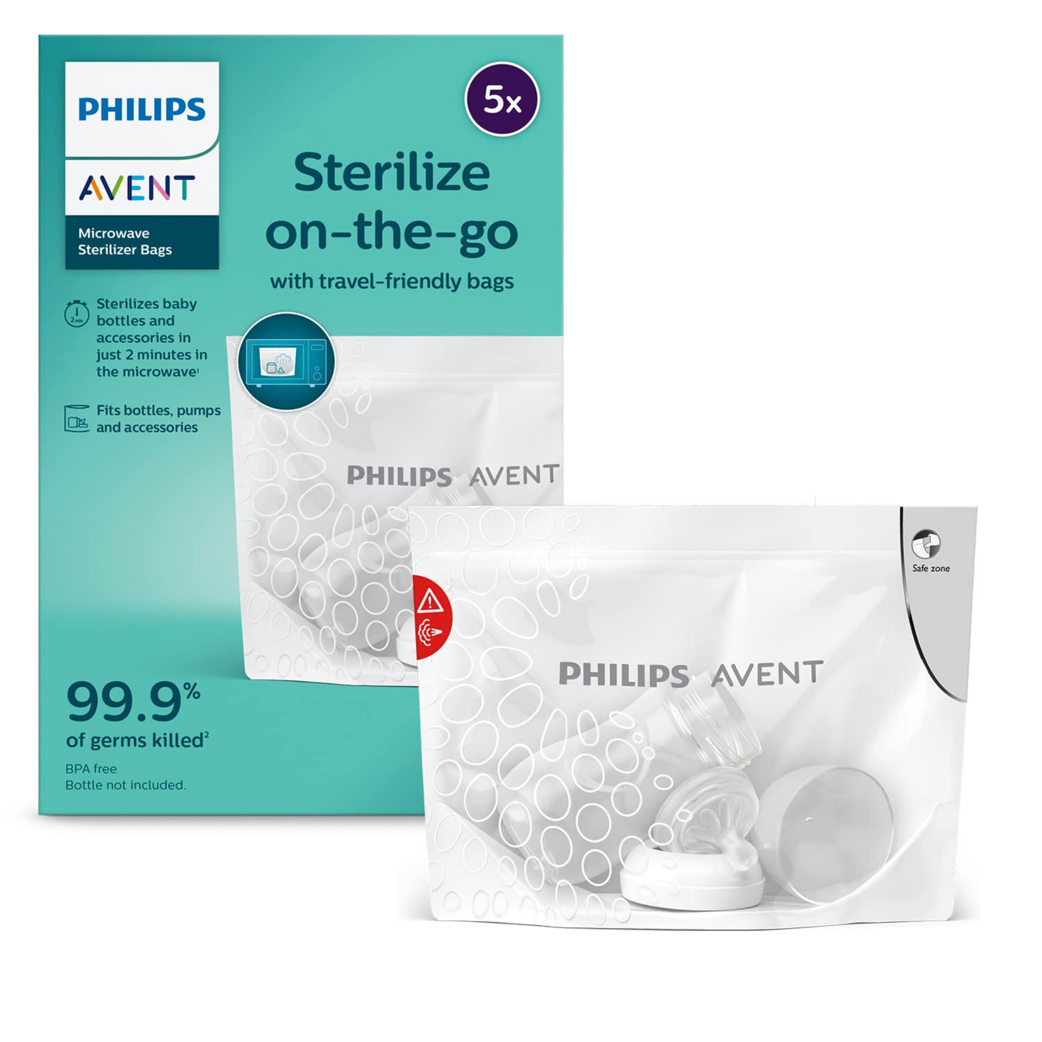 Philips Avent Microwave Sterilizing Bag | Kills 99.9% Germs | Sterilizes Bottles, Breast Pump and Baby Products in 90 Sec | 100 Sterilization Cycle in One Pack | Pack of 5 Bags (White) | Scf297/05