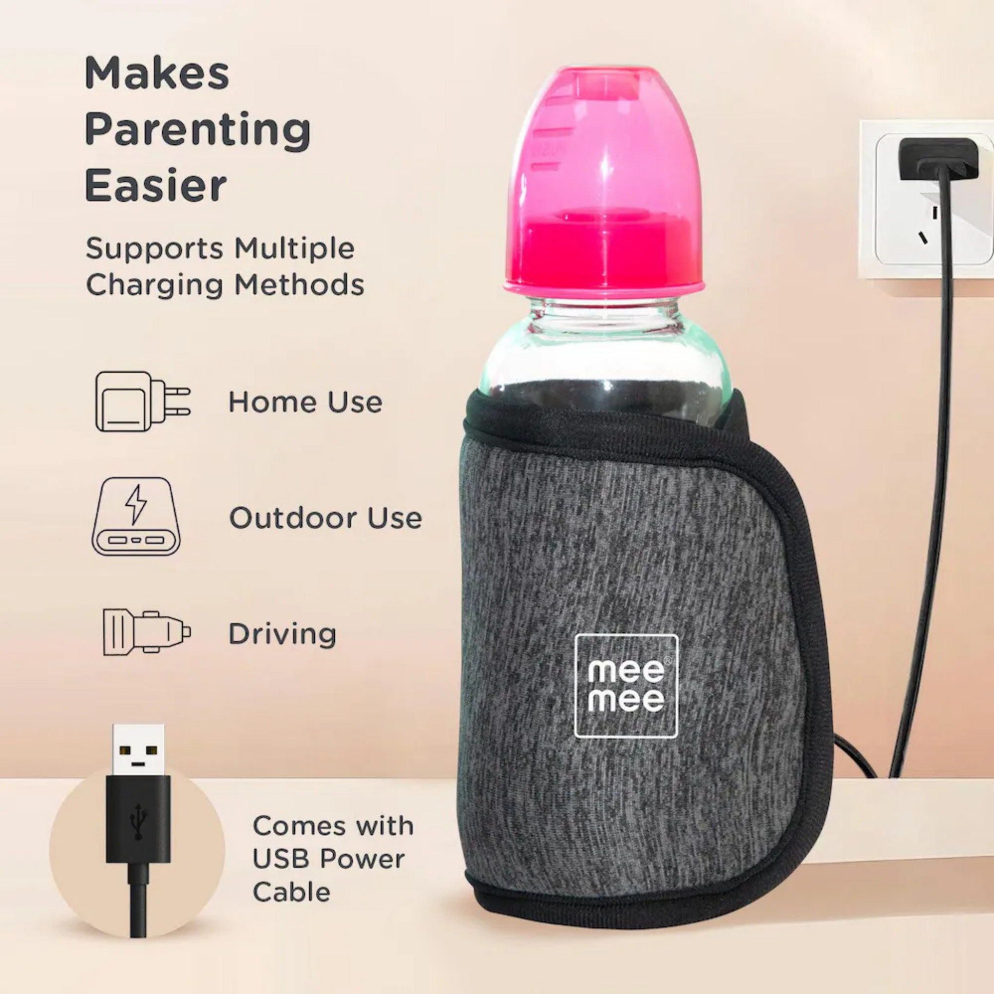Mee Mee Portable Baby Bottle Warmer with Quick USB Charging | 10 Minutes Milk Warmer
