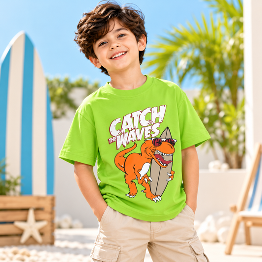 Smile Baby Kids Dinosaur Graphic Oversized T-Shirt – Green, Yellow & Orange 