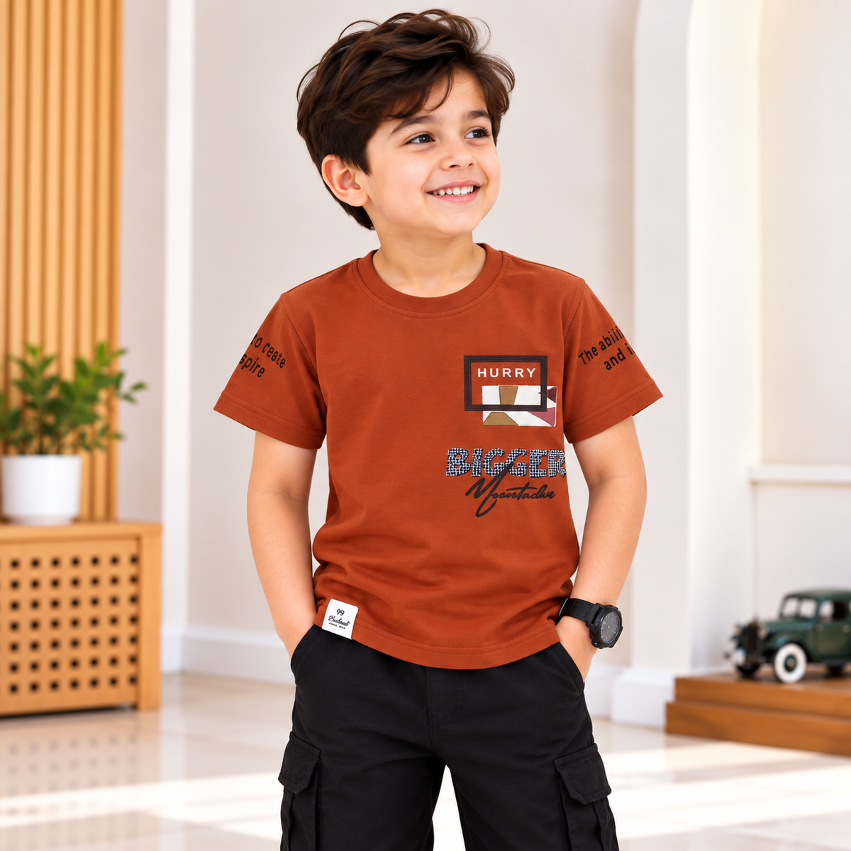 99 BALLON boys rust graphic T-shirt front photoshoot