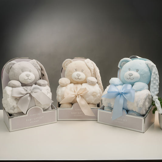 Smile Baby Soft Plush Teddy Bear Gift Set with Blanket | For Newborn Boys & Girls | 75×100 cm | Blue, Grey, Cream Variants