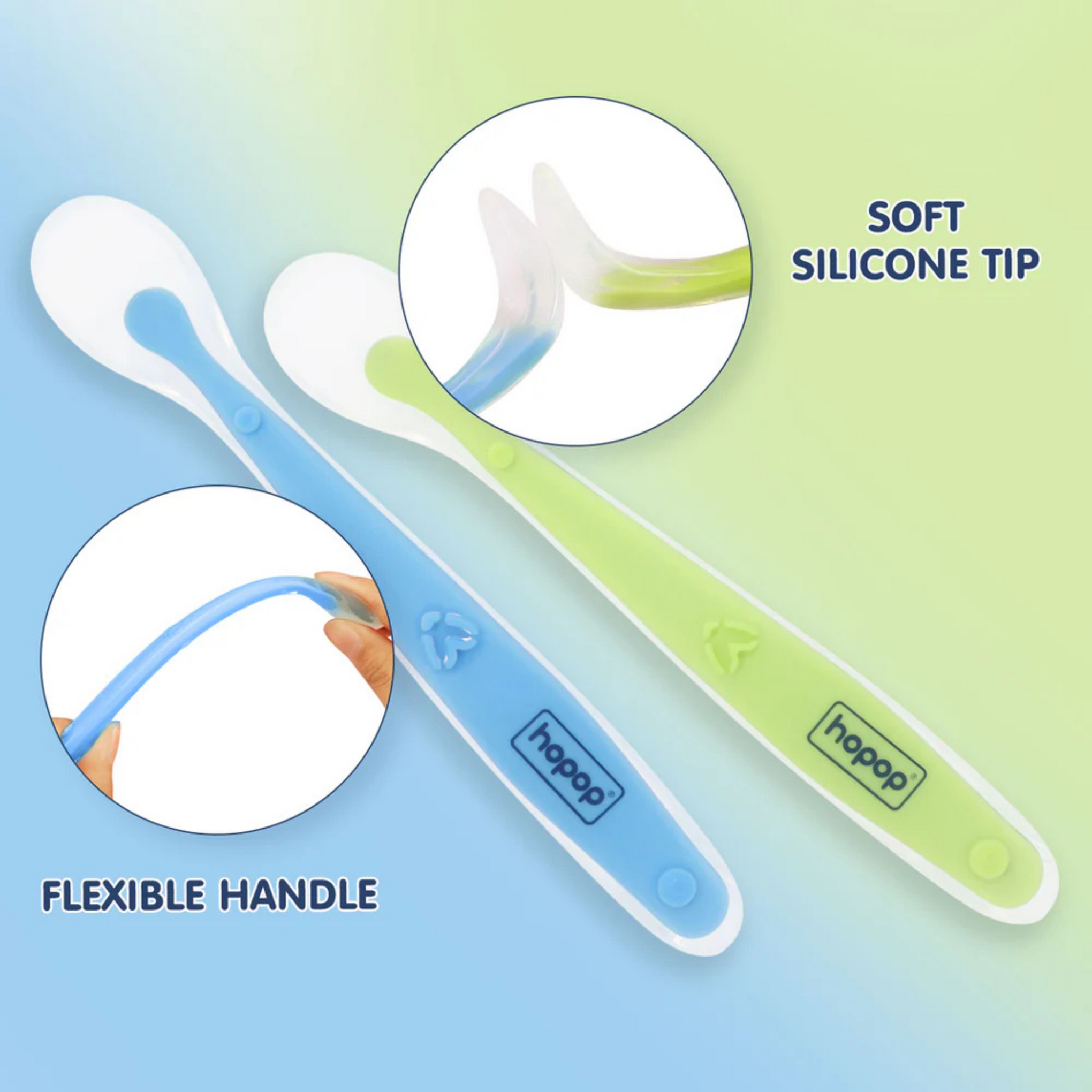Hopop Soft Tip Silicone Feeding Spoons for Baby - 2 Pack (Blue-Green)