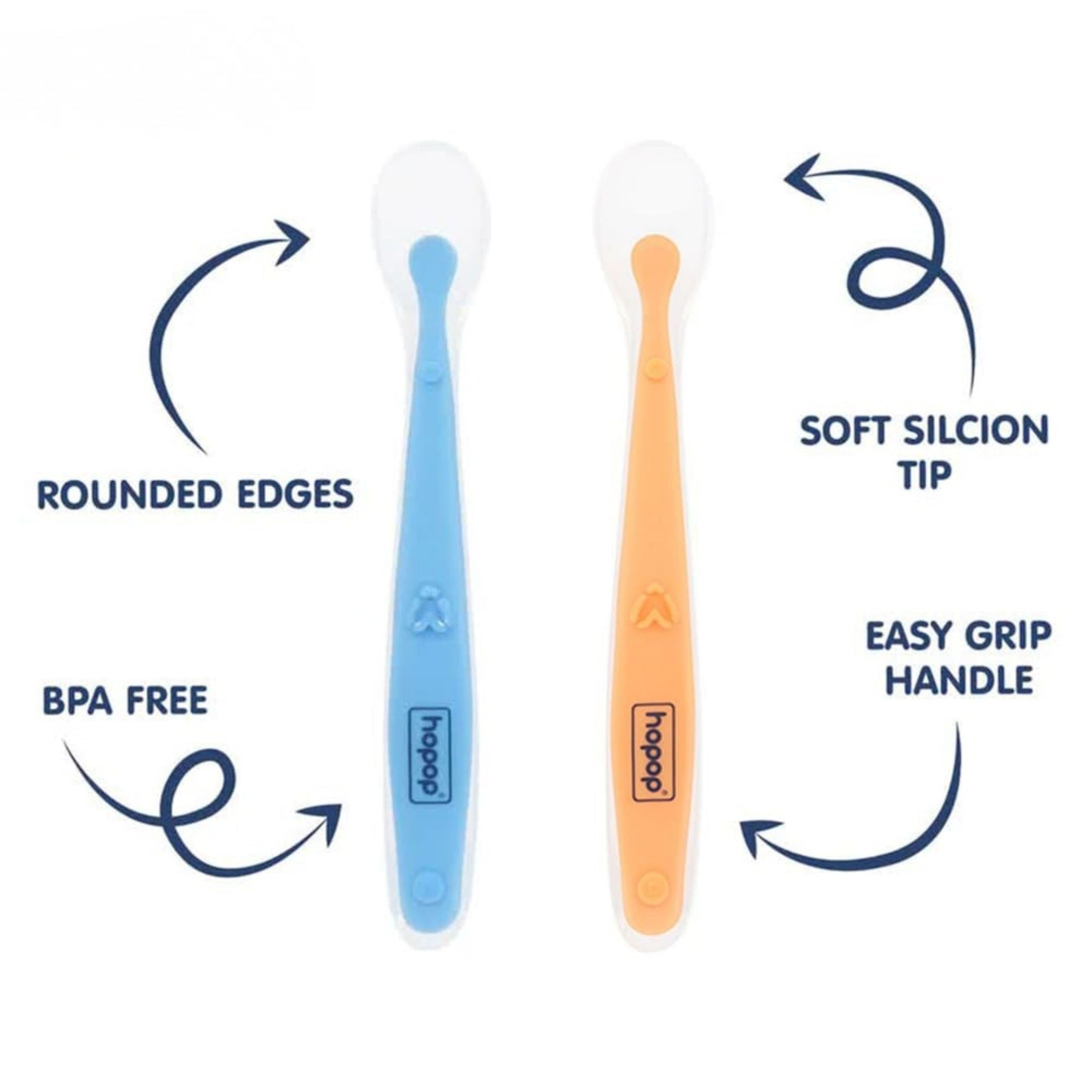 Hopop Baby Feeding Spoon | Silicone Tip Self Feeding Spoon Set of 2 | BPA Free Baby Spoon | Easy Grip Handle Weaning Spoon | Suitable from 4+ Months | 2 Pack