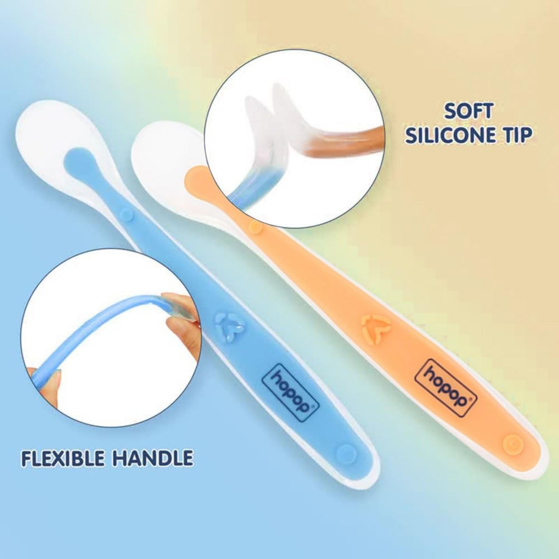 Hopop Baby Feeding Spoon | Silicone Tip Self Feeding Spoon Set of 2 | BPA Free Baby Spoon | Easy Grip Handle Weaning Spoon | Suitable from 4+ Months | 2 Pack