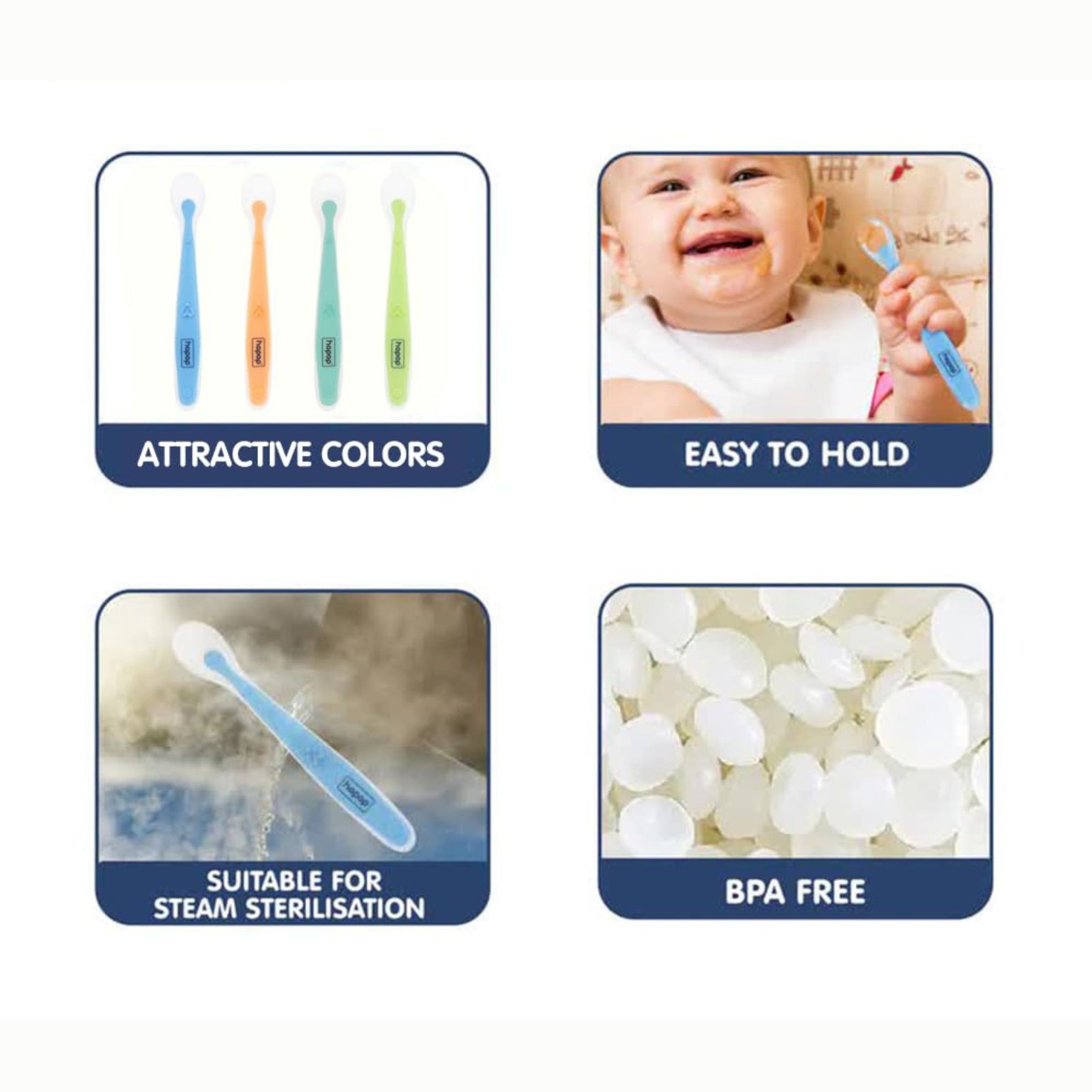 Hopop Baby Feeding Spoon | Silicone Tip Self Feeding Spoon Set of 2 | BPA Free Baby Spoon | Easy Grip Handle Weaning Spoon | Suitable from 4+ Months | 2 Pack