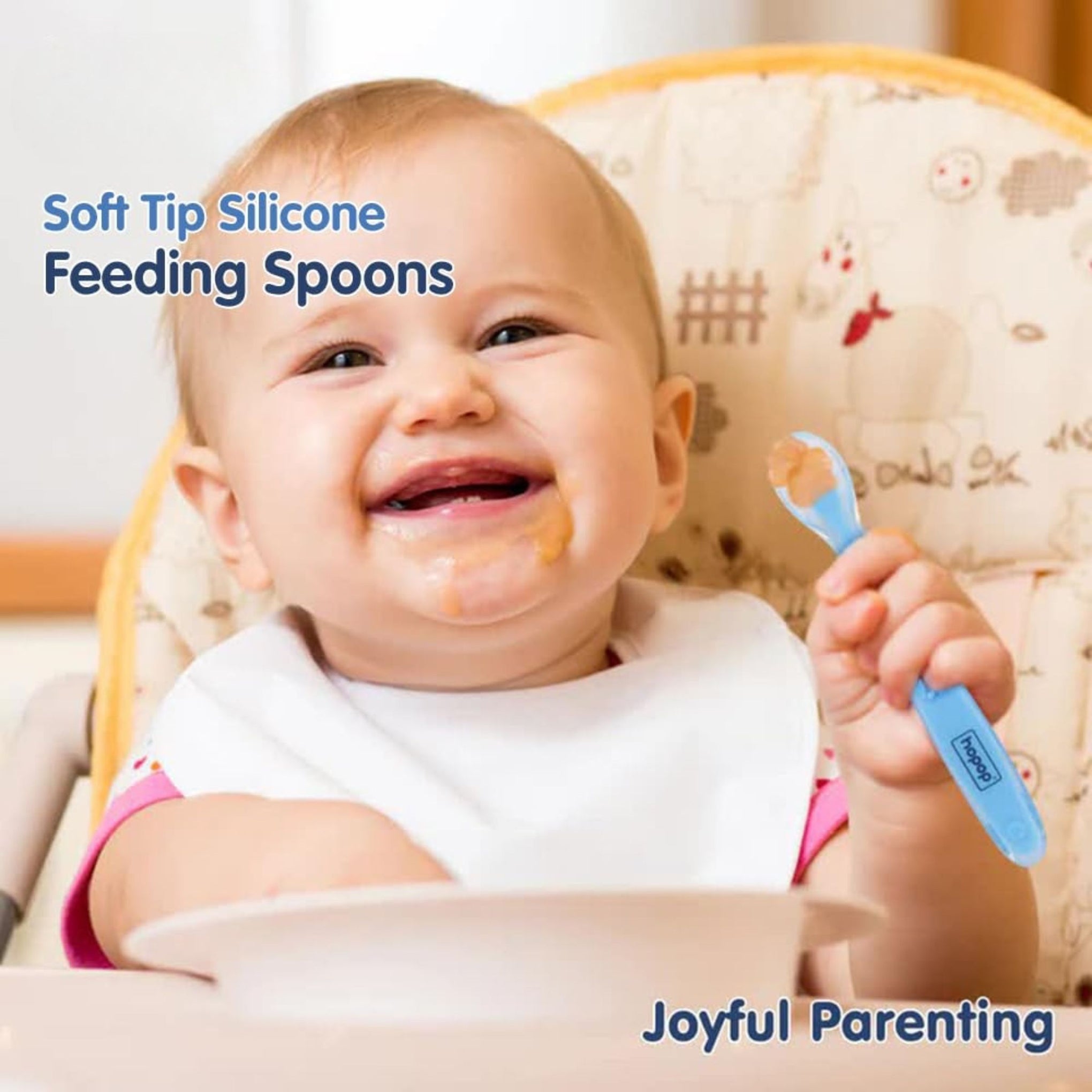 Hopop Baby Feeding Spoon | Silicone Tip Self Feeding Spoon Set of 2 | BPA Free Baby Spoon | Easy Grip Handle Weaning Spoon | Suitable from 4+ Months | 2 Pack