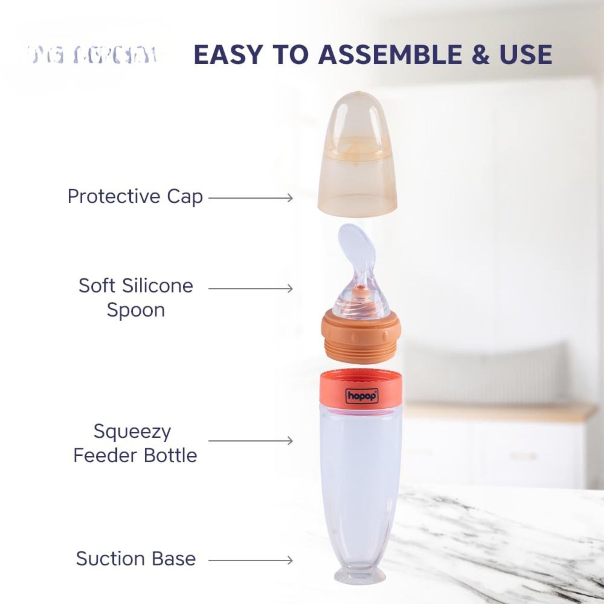 Hopop Baby Spoon Food Feeder | Soft Squeezy Silicone Tip Spoon Food Feeder for Feeding Semi Solids | Spoon Feeder with Protective Cap for Babies 4 to 12 Months | BPA Free | 90 ml | Orange