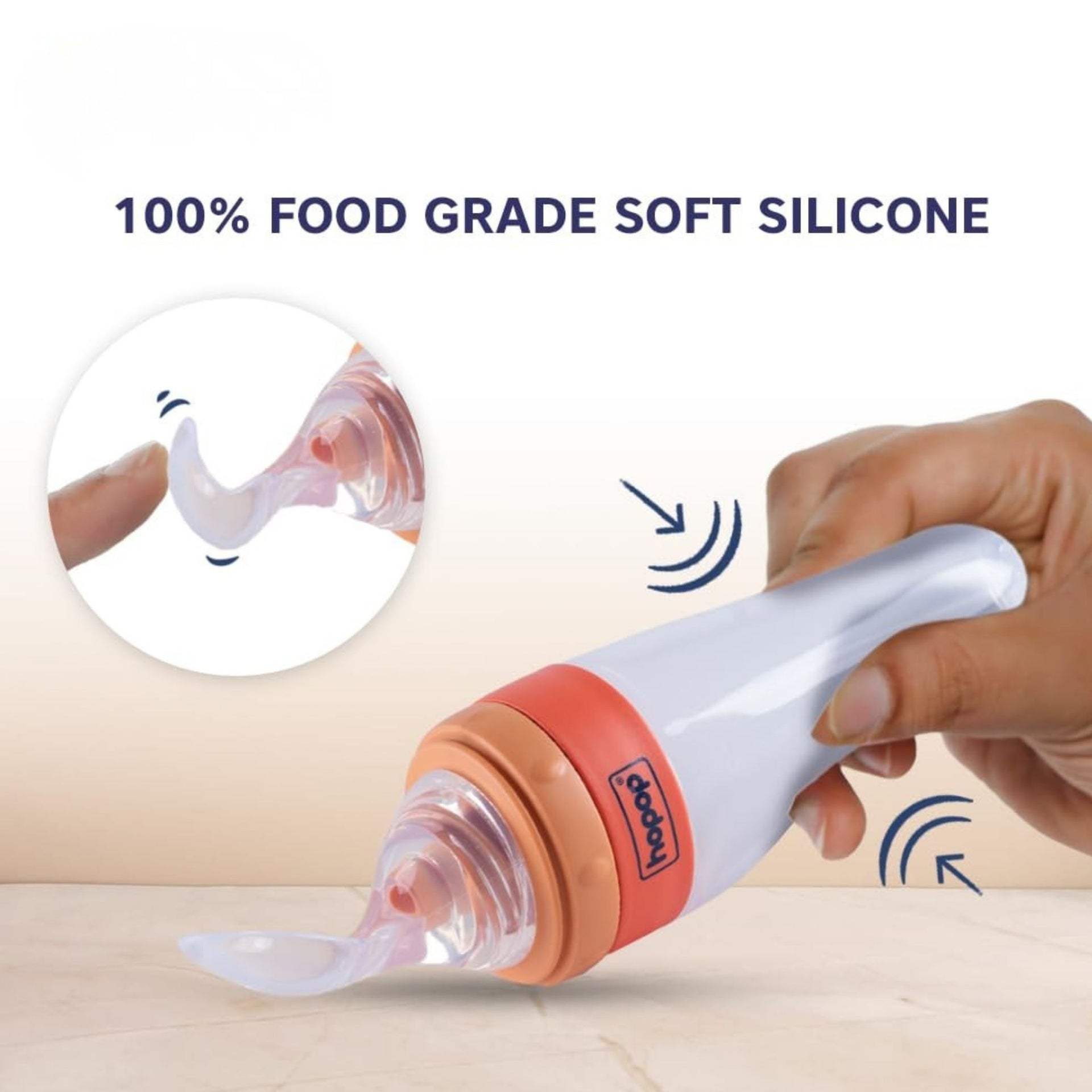 Hopop Baby Spoon Food Feeder | Soft Squeezy Silicone Tip Spoon Food Feeder for Feeding Semi Solids | Spoon Feeder with Protective Cap for Babies 4 to 12 Months | BPA Free | 90 ml | Orange