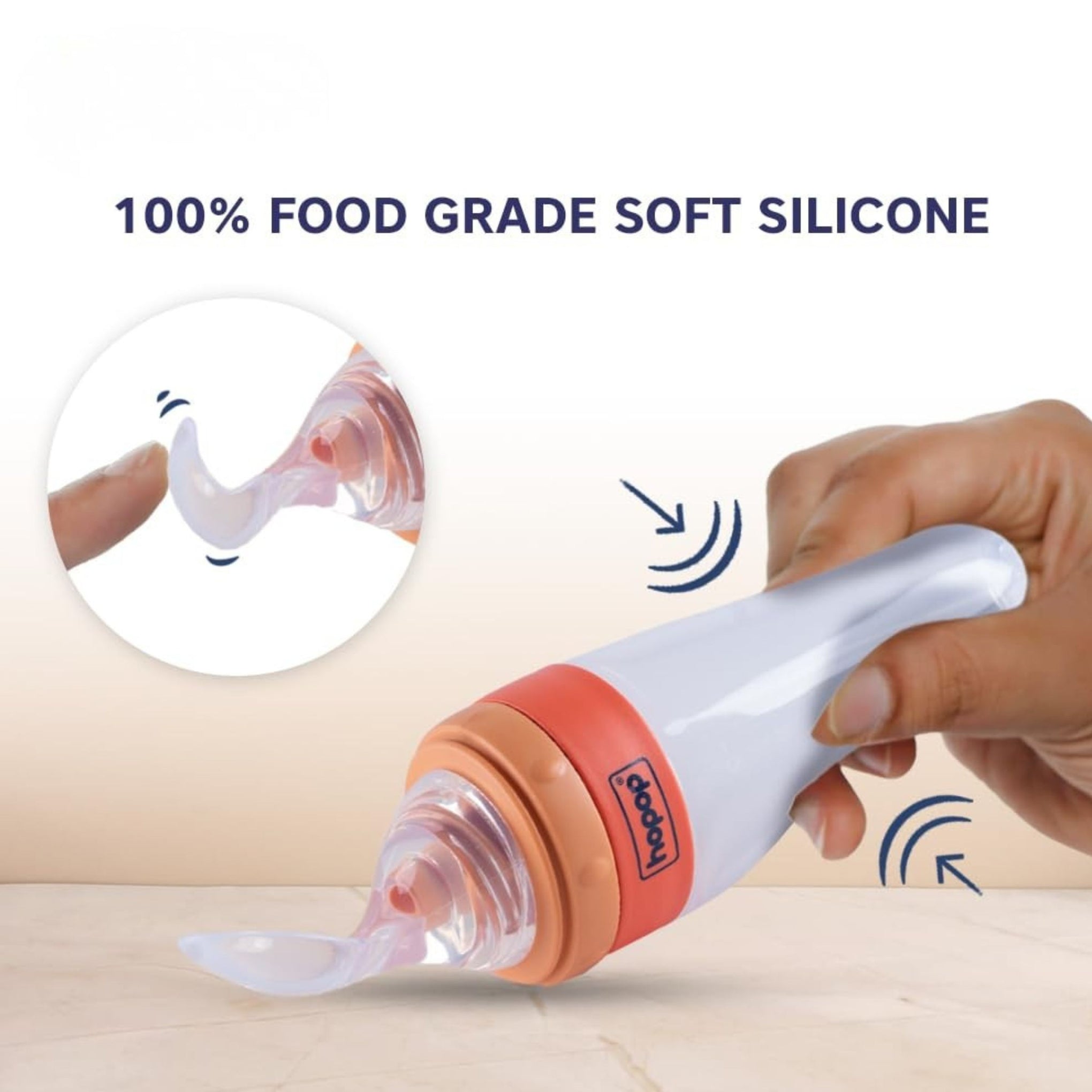 Hopop Baby Spoon Food Feeder | Soft Squeezy Silicone Tip Spoon Food Feeder for Feeding Semi Solids | Spoon Feeder with Protective Cap for Babies 4 to 12 Months | BPA Free | 90 ml | Orange