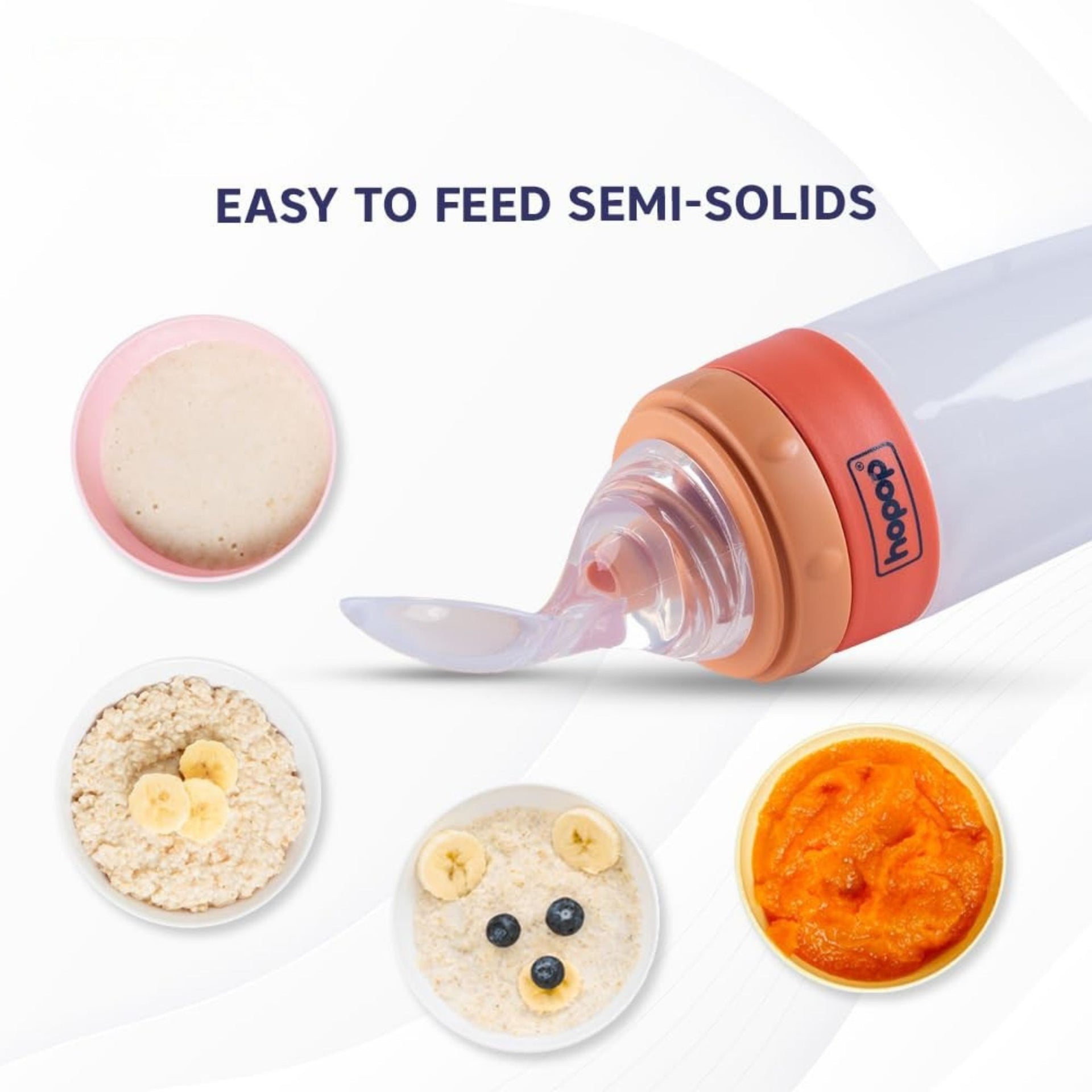 Hopop Baby Spoon Food Feeder | Soft Squeezy Silicone Tip Spoon Food Feeder for Feeding Semi Solids | Spoon Feeder with Protective Cap for Babies 4 to 12 Months | BPA Free | 90 ml | Orange