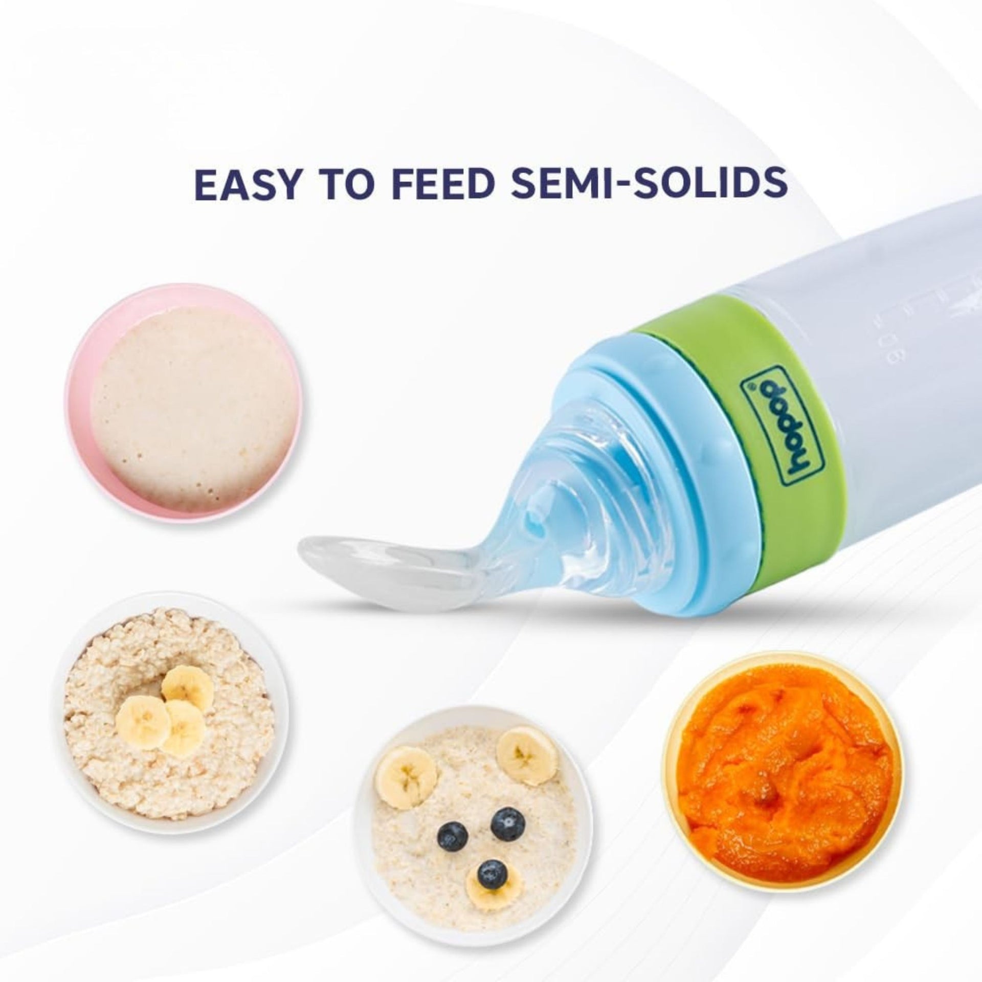 Hopop Baby Spoon Food Feeder | Soft Squeezy Silicone Tip Spoon Food Feeder for Feeding Semi Solids | Spoon Feeder with Protective Cap for Babies 4 to 12 Months | BPA Free | 90 ml | GREEN