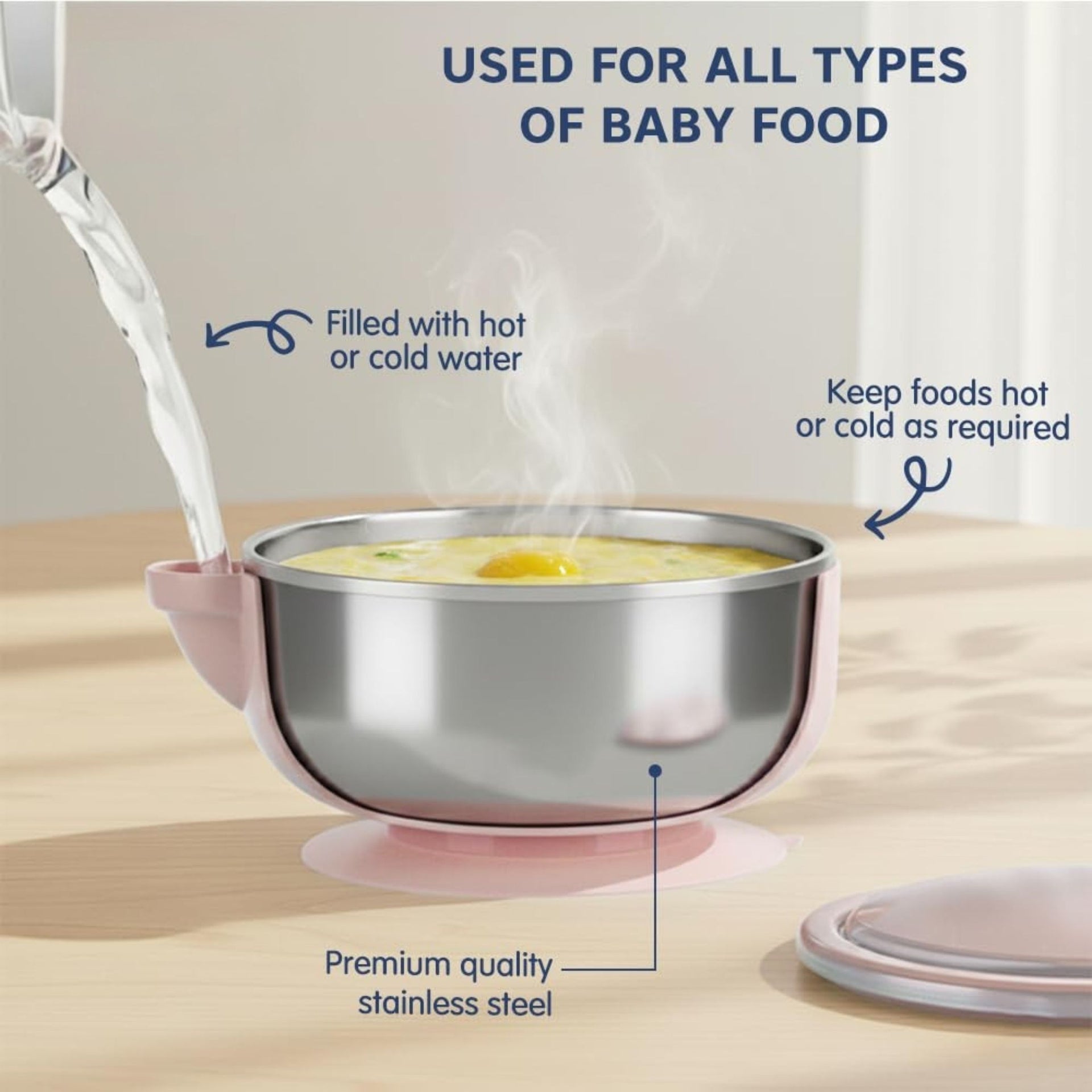 Hopop Baby Feeding Bowl with Lid, Handle & Suction Base | Stainless Steel Inner | BPA-Free Baby Food Bowl (Blue, Pink & Green)