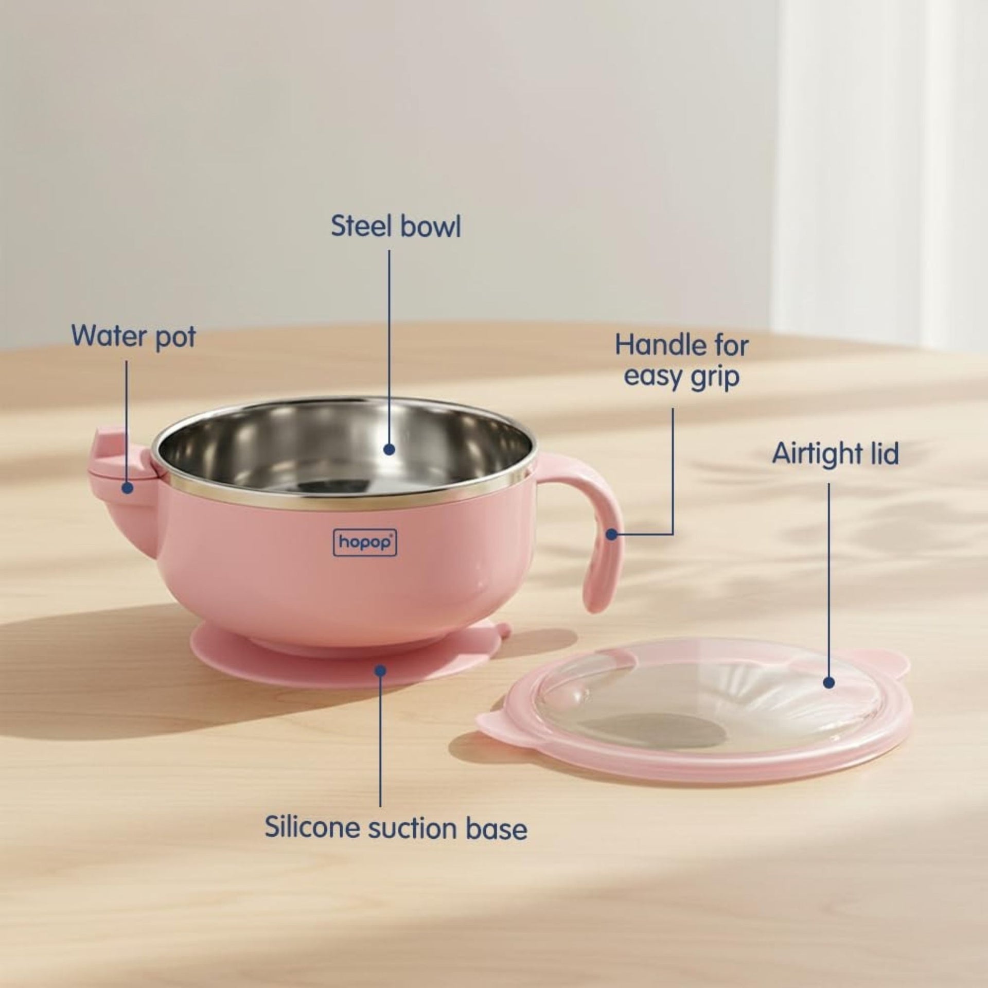 Hopop Baby Feeding Bowl with Lid, Handle & Suction Base | Stainless Steel Inner | BPA-Free Baby Food Bowl (Blue, Pink & Green)