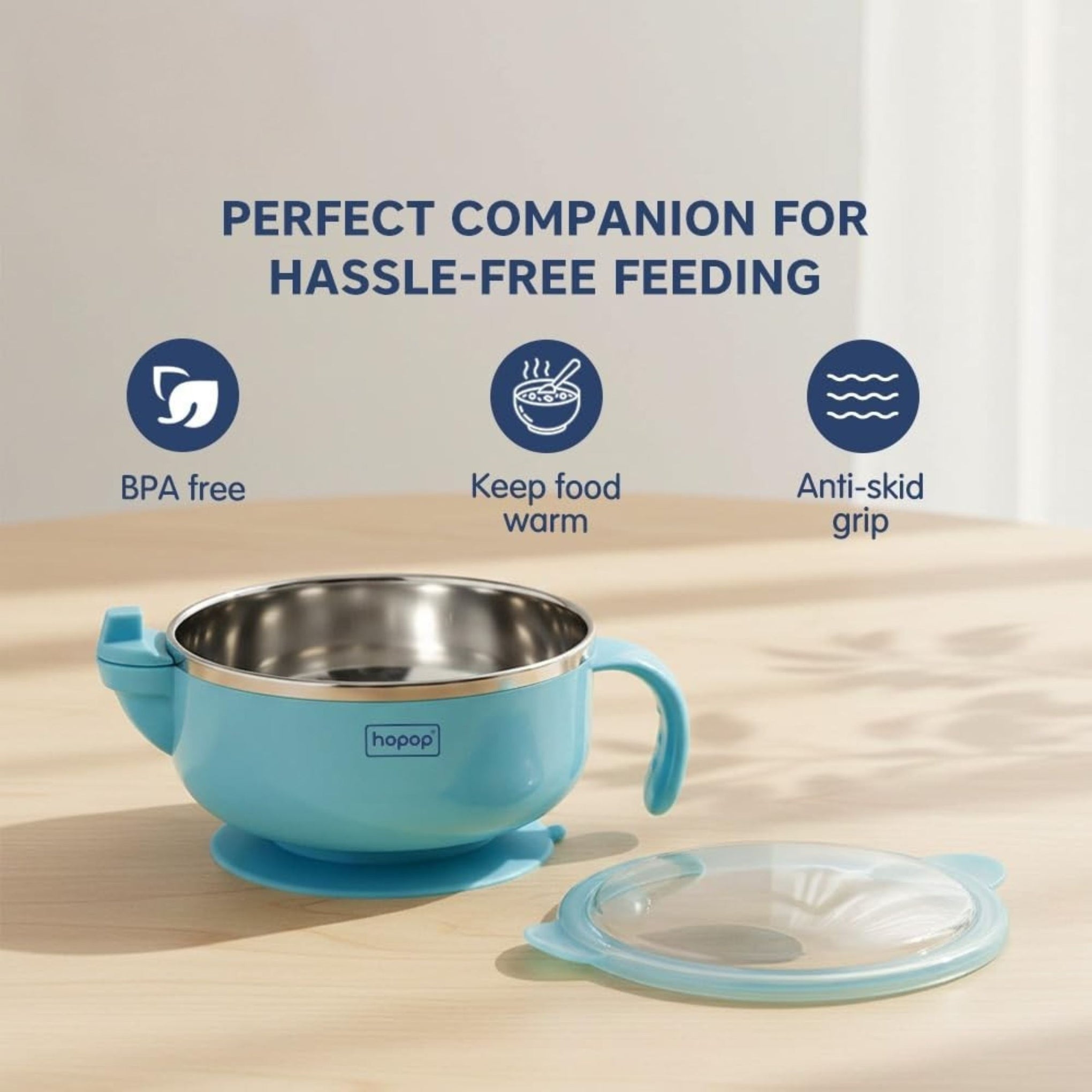 Hopop Baby Feeding Bowl with Lid, Handle & Suction Base | Stainless Steel Inner | BPA-Free Baby Food Bowl (Blue, Pink & Green)