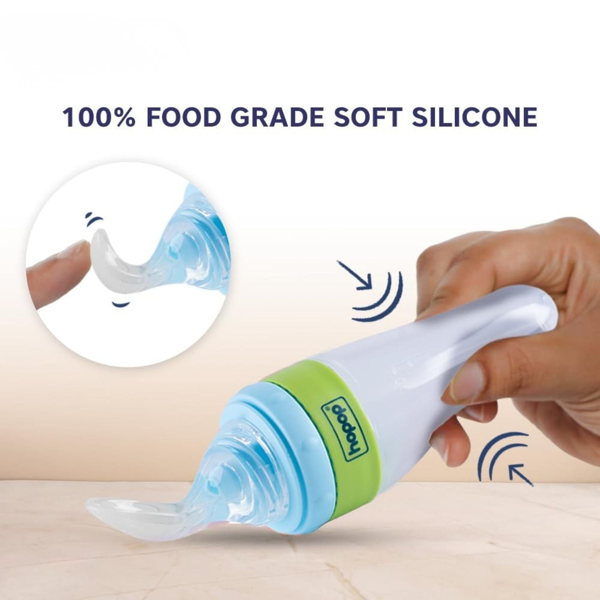 Hopop Baby Spoon Food Feeder | Soft Squeezy Silicone Tip Spoon Food Feeder for Feeding Semi Solids | Spoon Feeder with Protective Cap for Babies 4 to 12 Months | BPA Free | 90 ml | GREEN