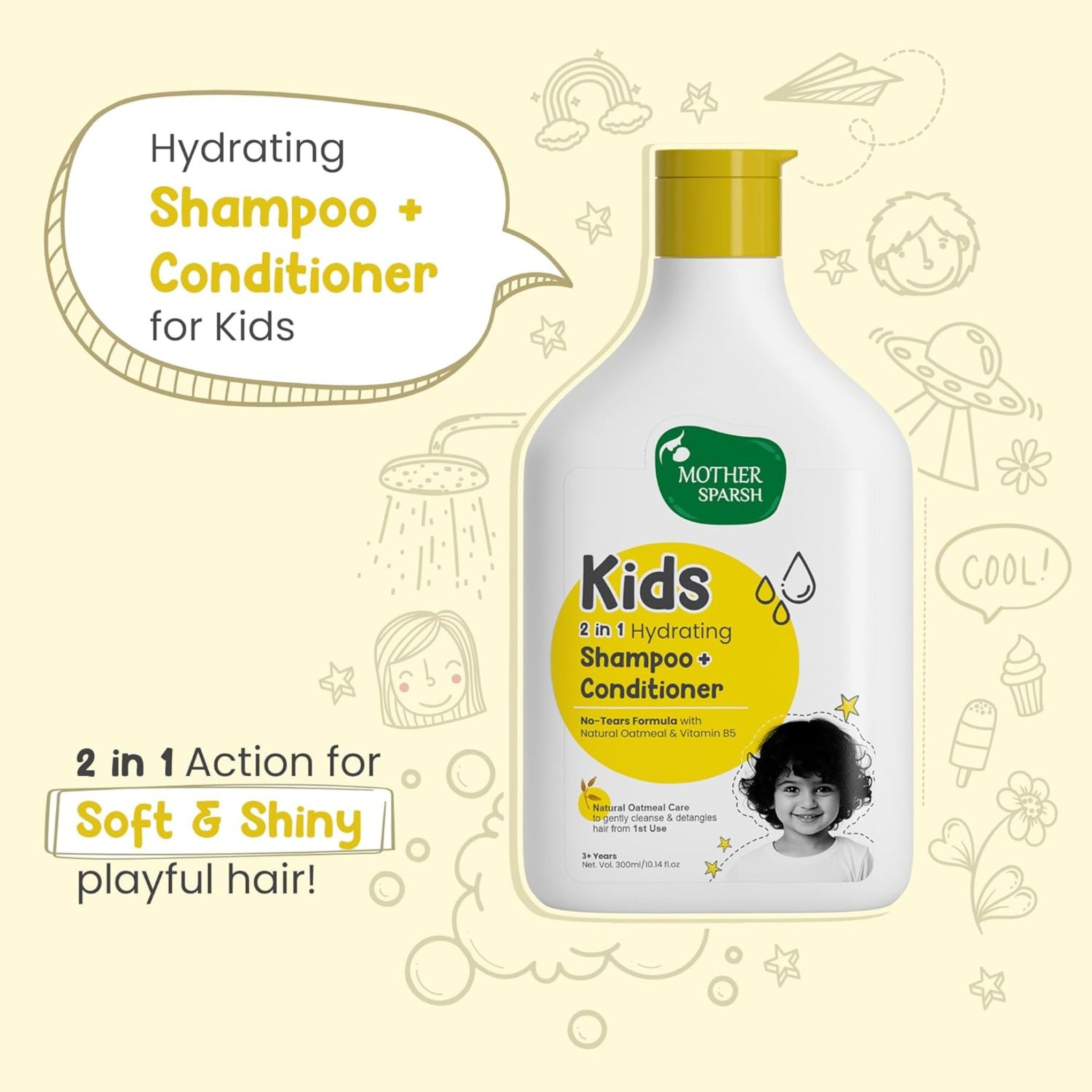 Mother Sparsh Kids 2-in-1 Hydrating Shampoo + Conditioner | No-Tears Formula | With Natural Oatmeal & Vitamin B5 | Gently Cleanses & Detangles | For Kids 3+ Years
