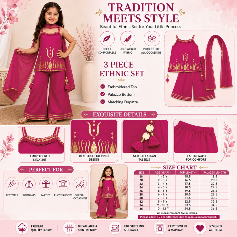 LEO N BABES Girls Ethnic 3-Piece Kurta Palazzo & Dupatta Set | Traditional Festive Wear