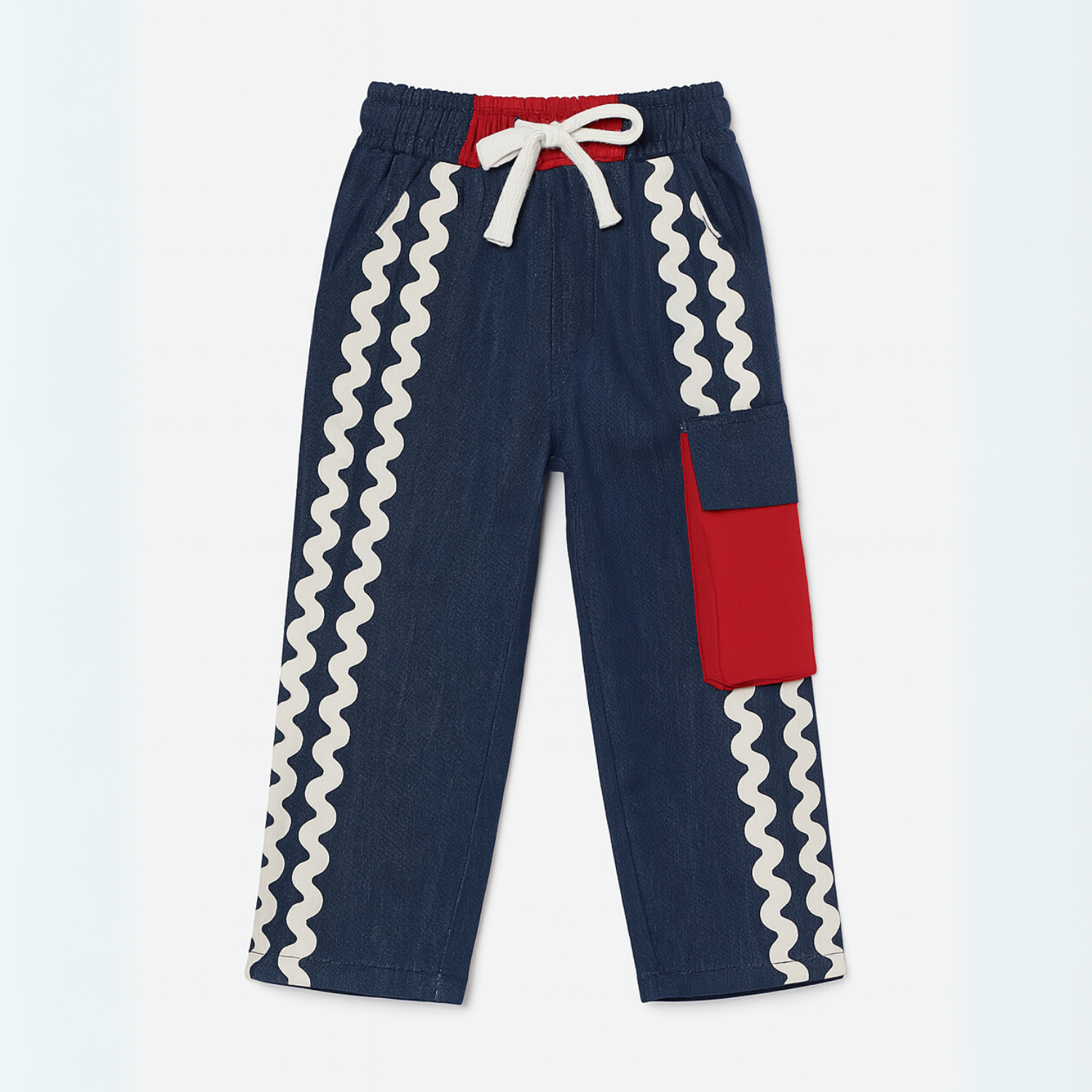 Smile Baby Boys’ Stylish Denim Pants – Red Pocket Detail & Zig-Zag Stripes | Age 4–14 Years