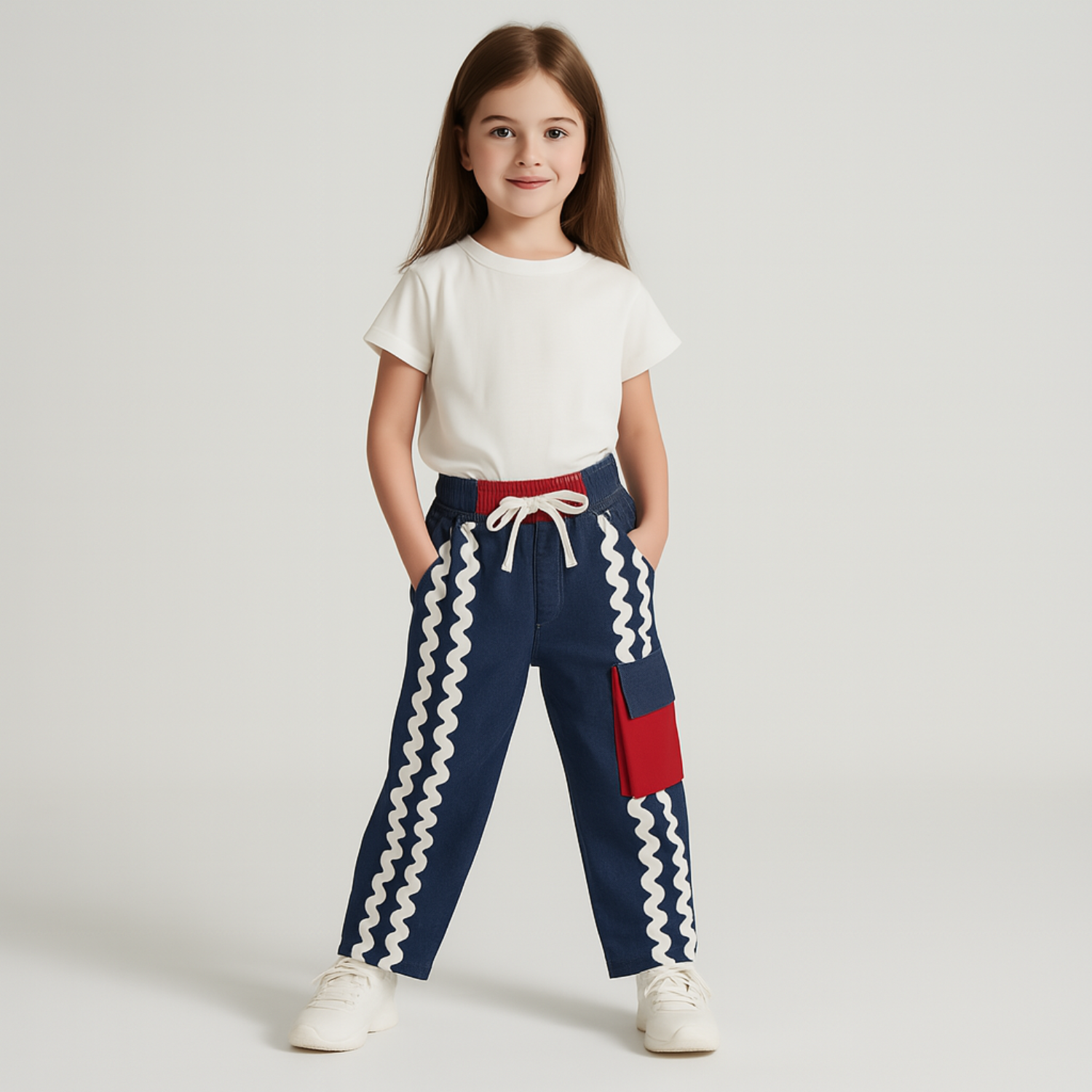 Smile Baby Boys’ Stylish Denim Pants – Red Pocket Detail & Zig-Zag Stripes | Age 4–14 Years