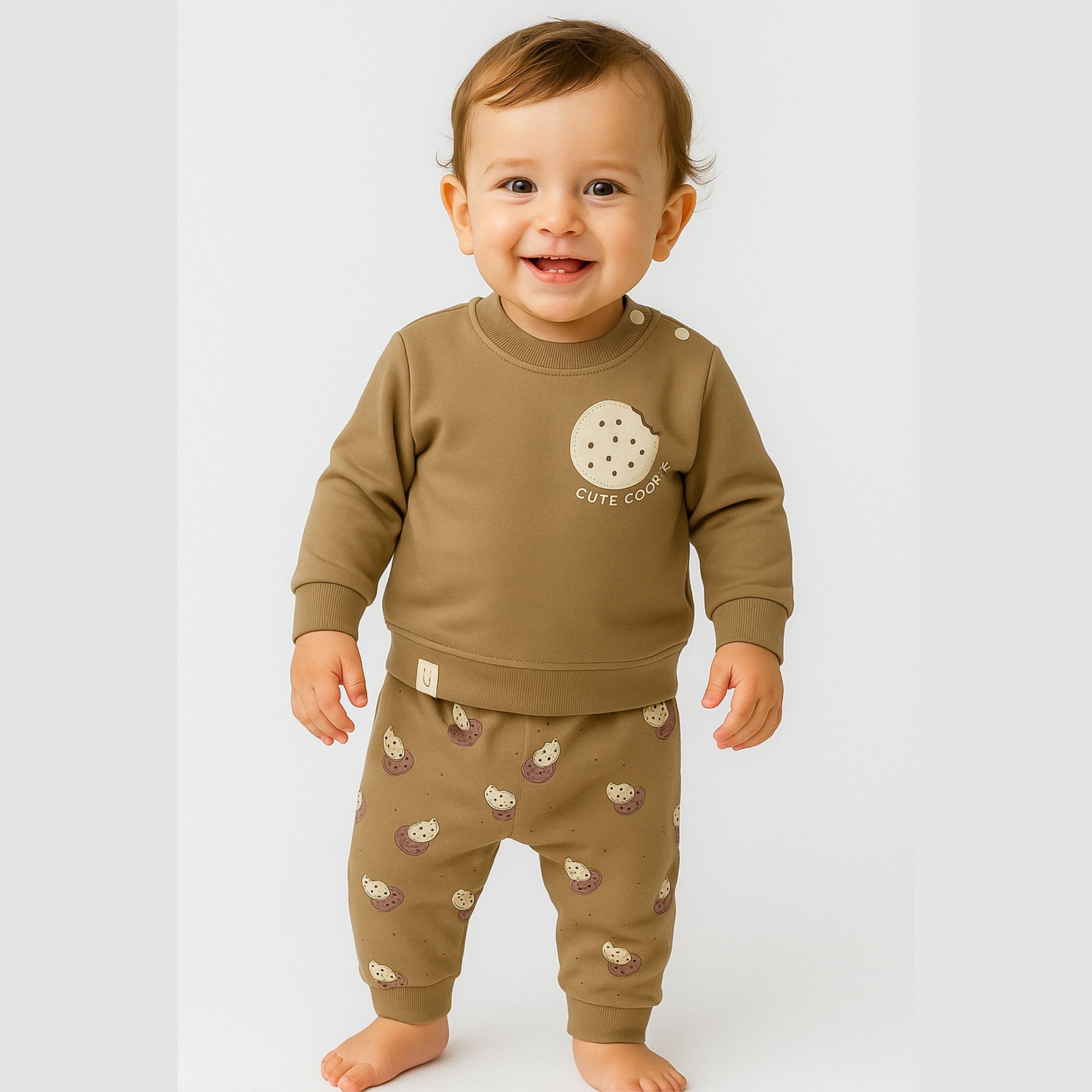 OLLYPOP Boys Cute Cookie Printed Top & Set – Beige & Cream | Sizes 3 Months to 3 Years