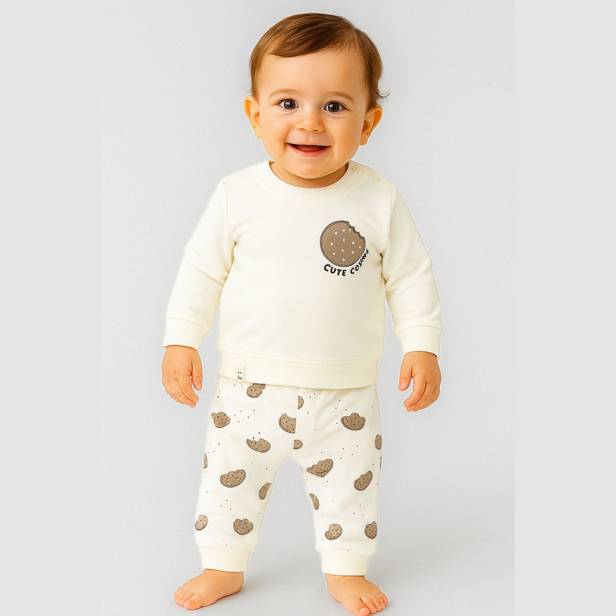 OLLYPOP Boys Cute Cookie Printed Top & Set – Beige & Cream | Sizes 3 Months to 3 Years