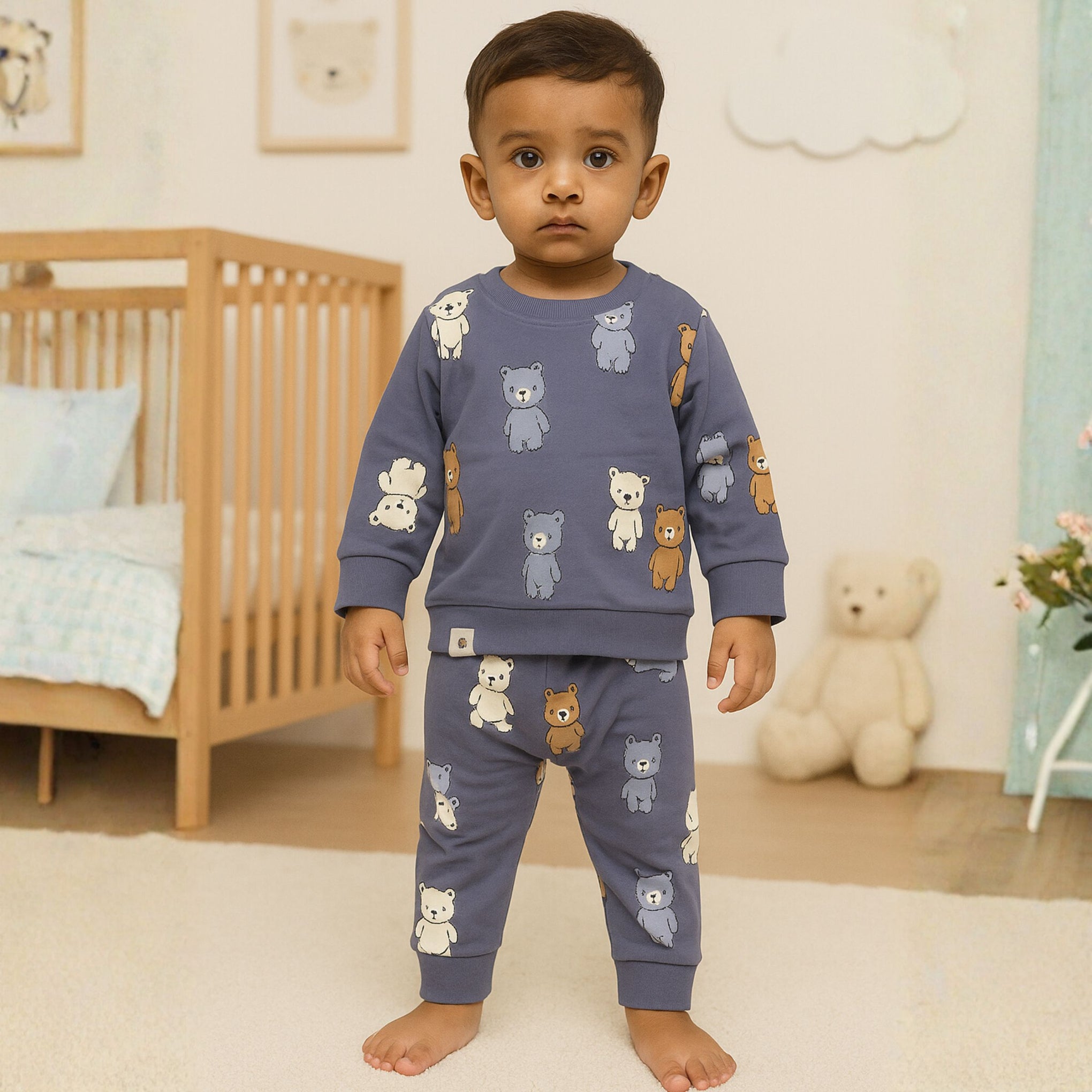 OLLYPOP “Teddy All Over Print” Boys Sweatshirt & Pant Set – Cozy Cotton Outfit (6M–3Y) – Green & Blue