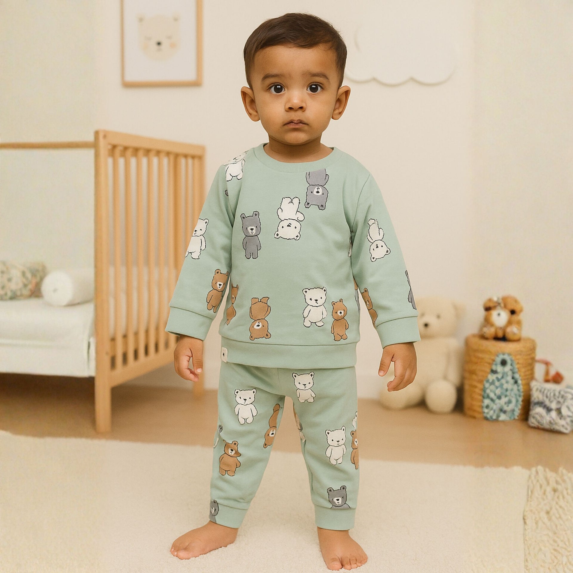 OLLYPOP “Teddy All Over Print” Boys Sweatshirt & Pant Set – Cozy Cotton Outfit (6M–3Y) – Green & Blue
